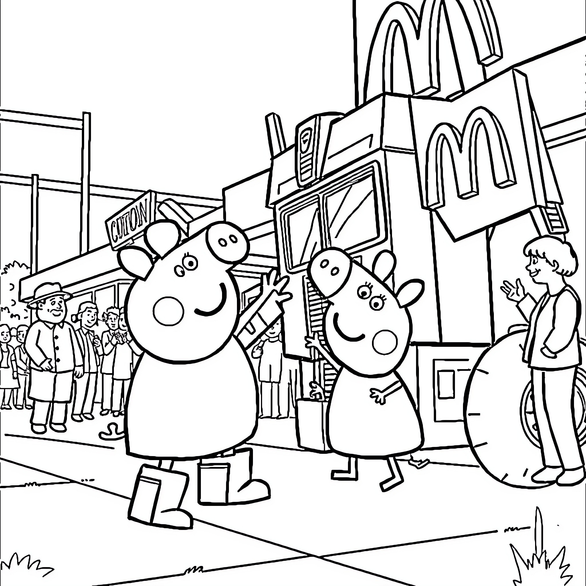 Peppa Pig and Family Visiting McDonald's Coloring Page (free black-and-white line drawing printable PDF for all, from beginners to advanced learners, including children, teens, adults, and seniors)