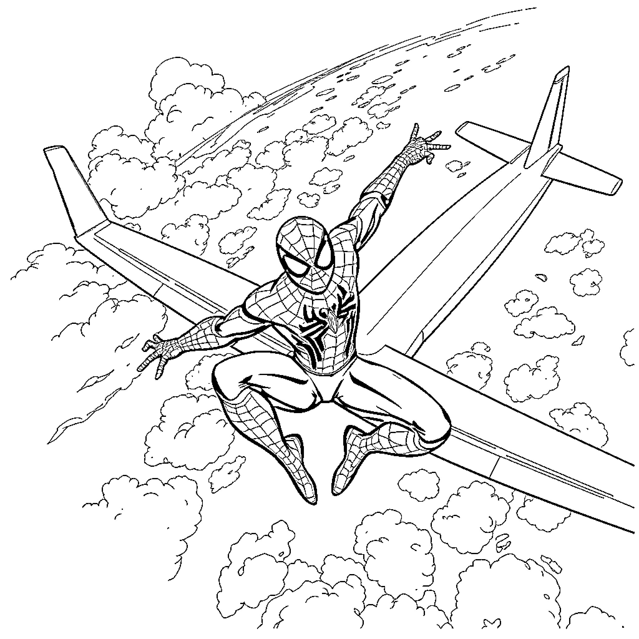 Spider-Man swinging through the sky amid clouds and planes Coloring Page (free black-and-white line drawing printable PDF for all, from beginners to advanced learners, including children, teens, adults, and seniors)