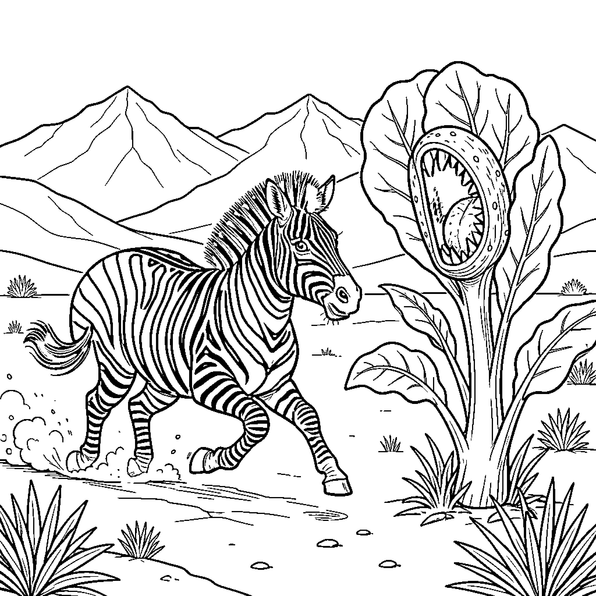 Cebra running through the wild landscape Coloring Page (free black-and-white line drawing printable PDF for all, from beginners to advanced learners, including children, teens, adults, and seniors)