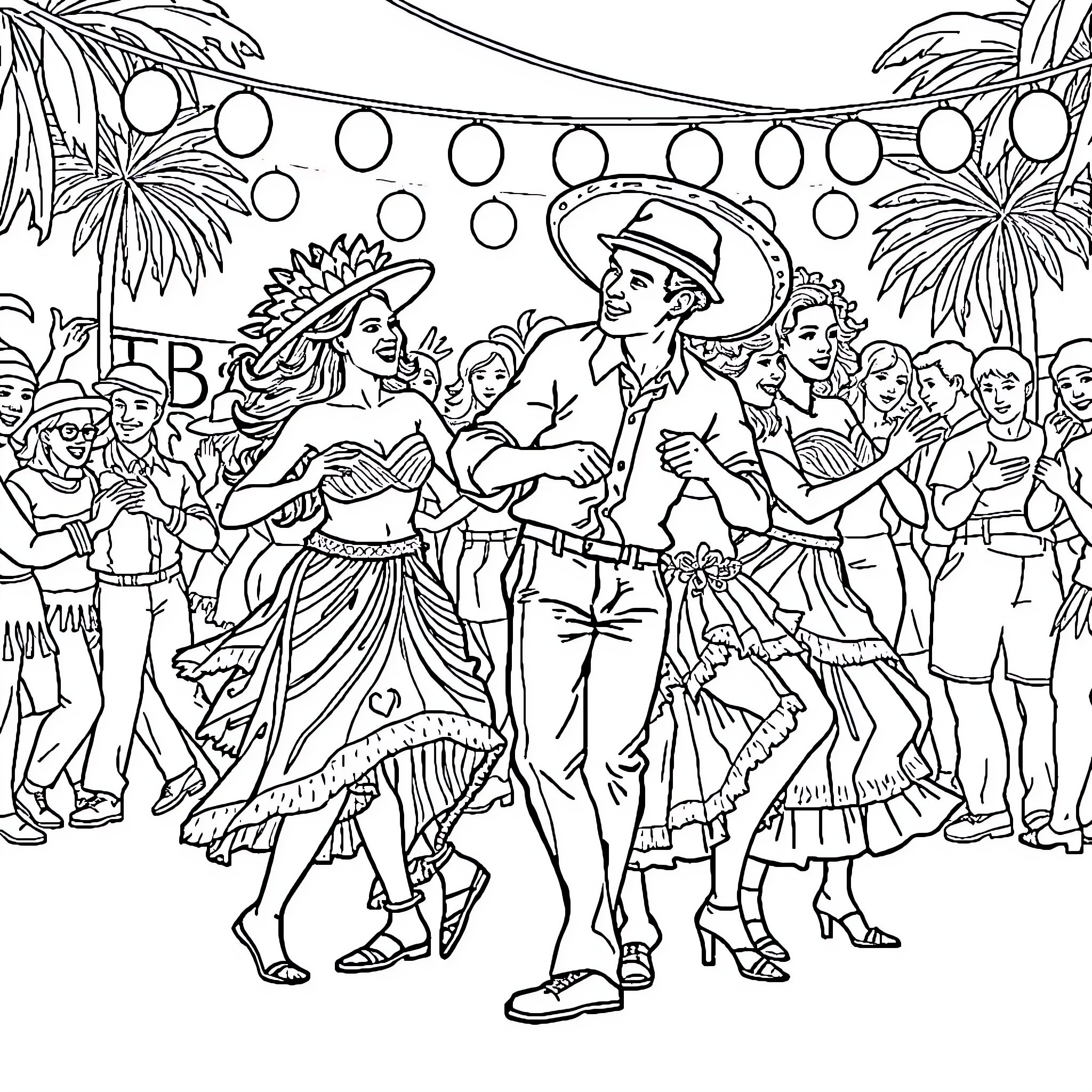 Samba dancers celebrate in vibrant festival scene Coloring Page (free black-and-white line drawing printable PDF for all, from beginners to advanced learners, including children, teens, adults, and seniors)