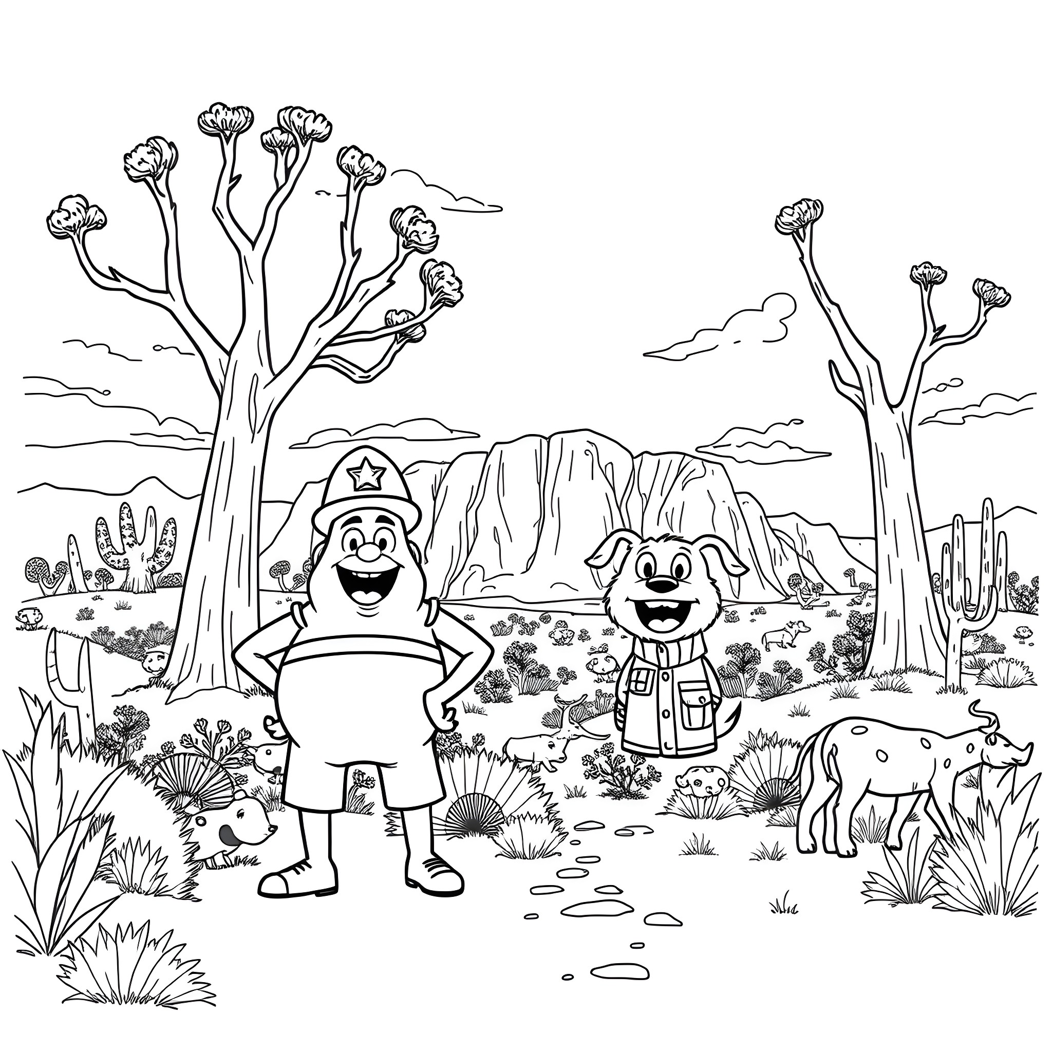 Captain Underpants' Whimsical Adventure in the Desert Coloring Page (free black-and-white line drawing printable PDF for all, from beginners to advanced learners, including children, teens, adults, and seniors)