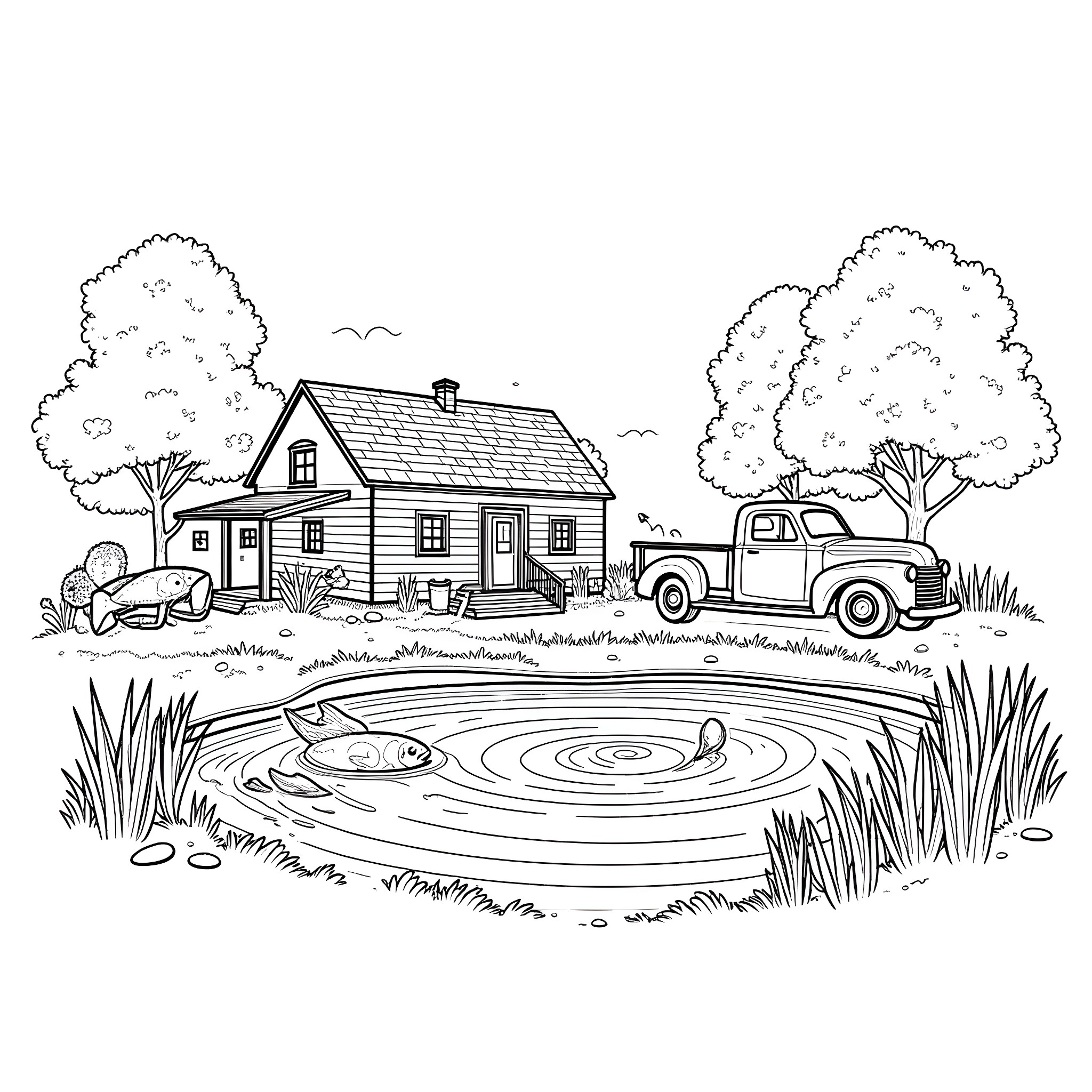 Farmhouse with Old Truck and Pond Coloring Page (free black-and-white line drawing printable PDF for all, from beginners to advanced learners, including children, teens, adults, and seniors)