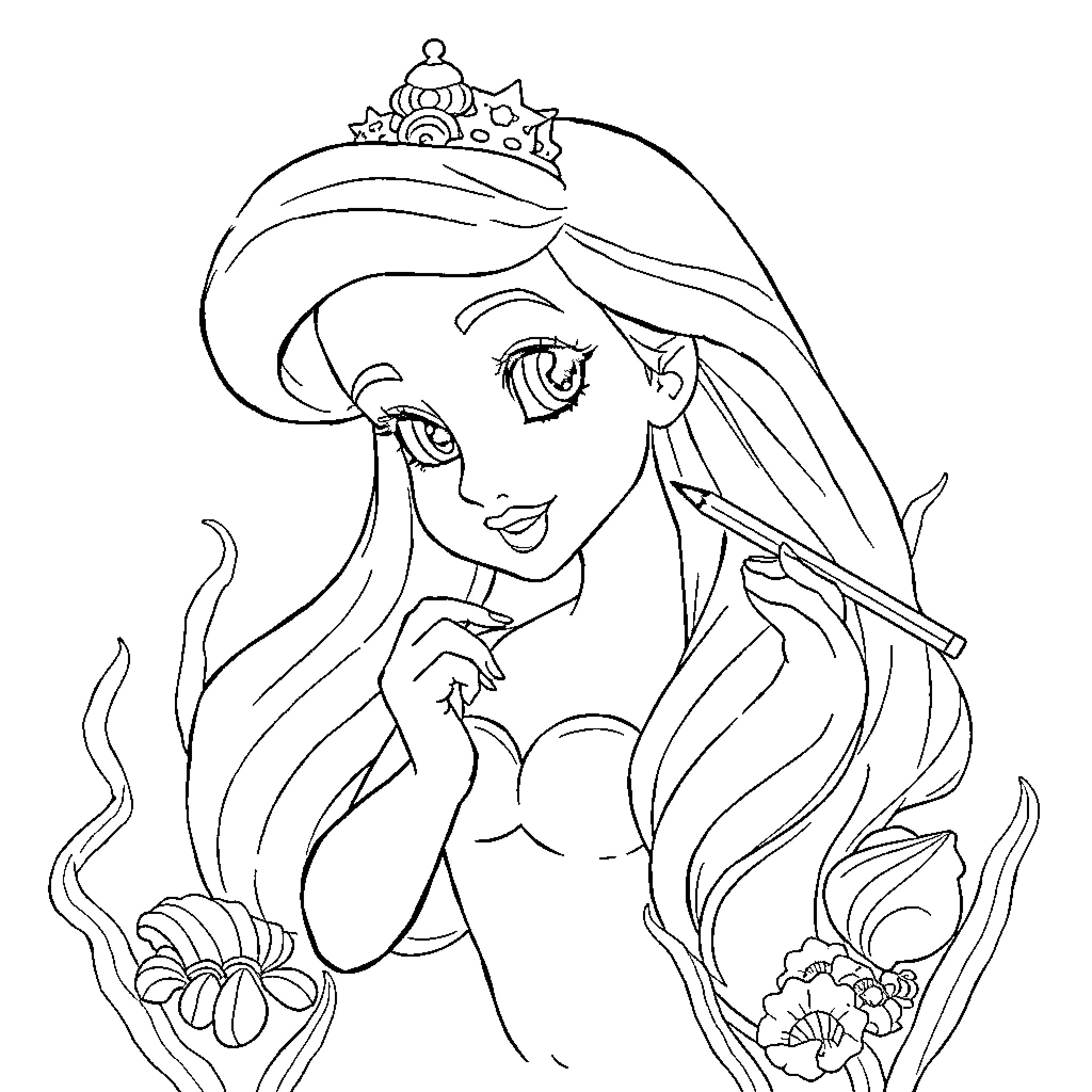 Ariel's Whimsical Underwater Adventures Coloring Page (free black-and-white line drawing printable PDF for all, from beginners to advanced learners, including children, teens, adults, and seniors)