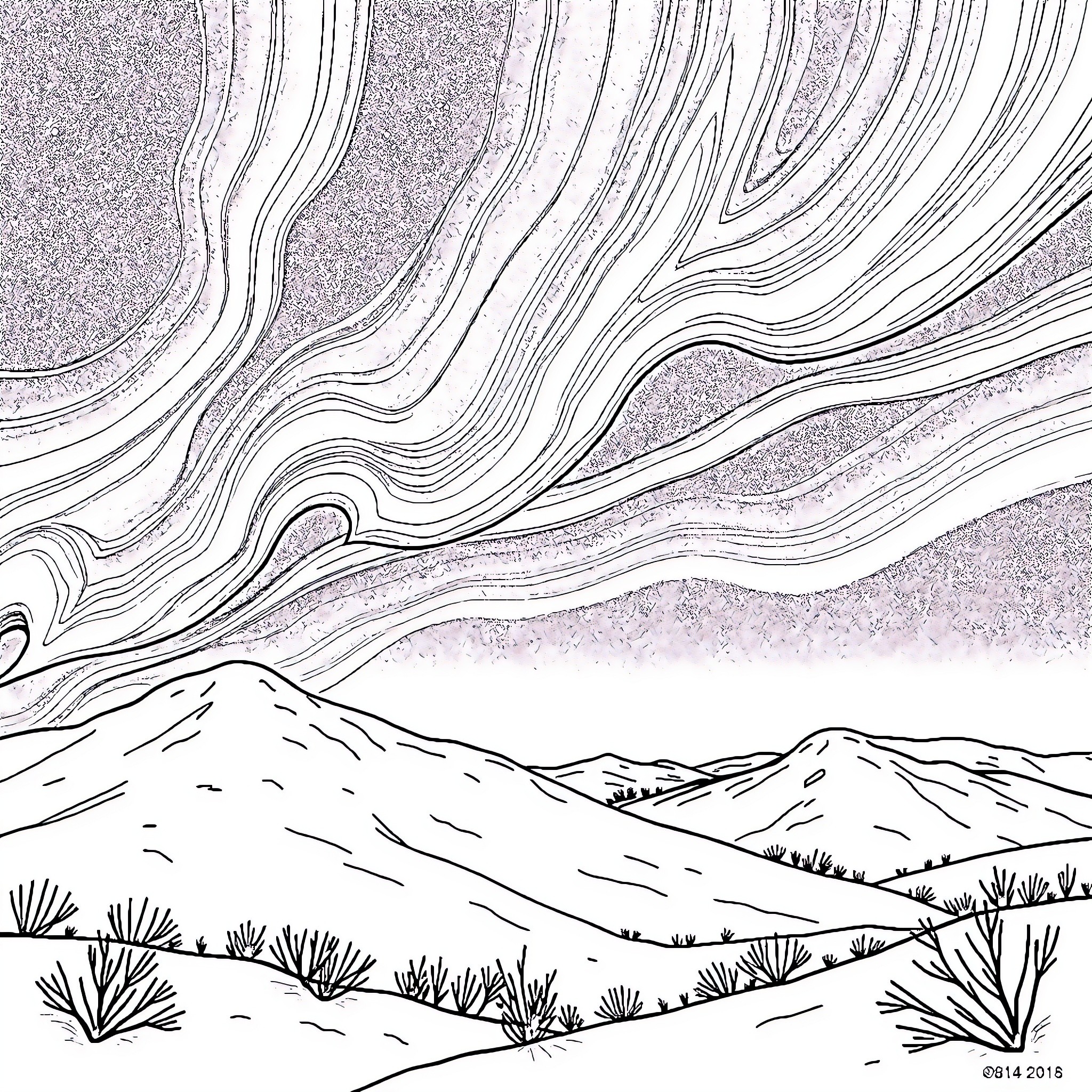 Aurora Swirling Skies Over Mountainous Landscape Coloring Page (free black-and-white line drawing printable PDF for all, from beginners to advanced learners, including children, teens, adults, and seniors)