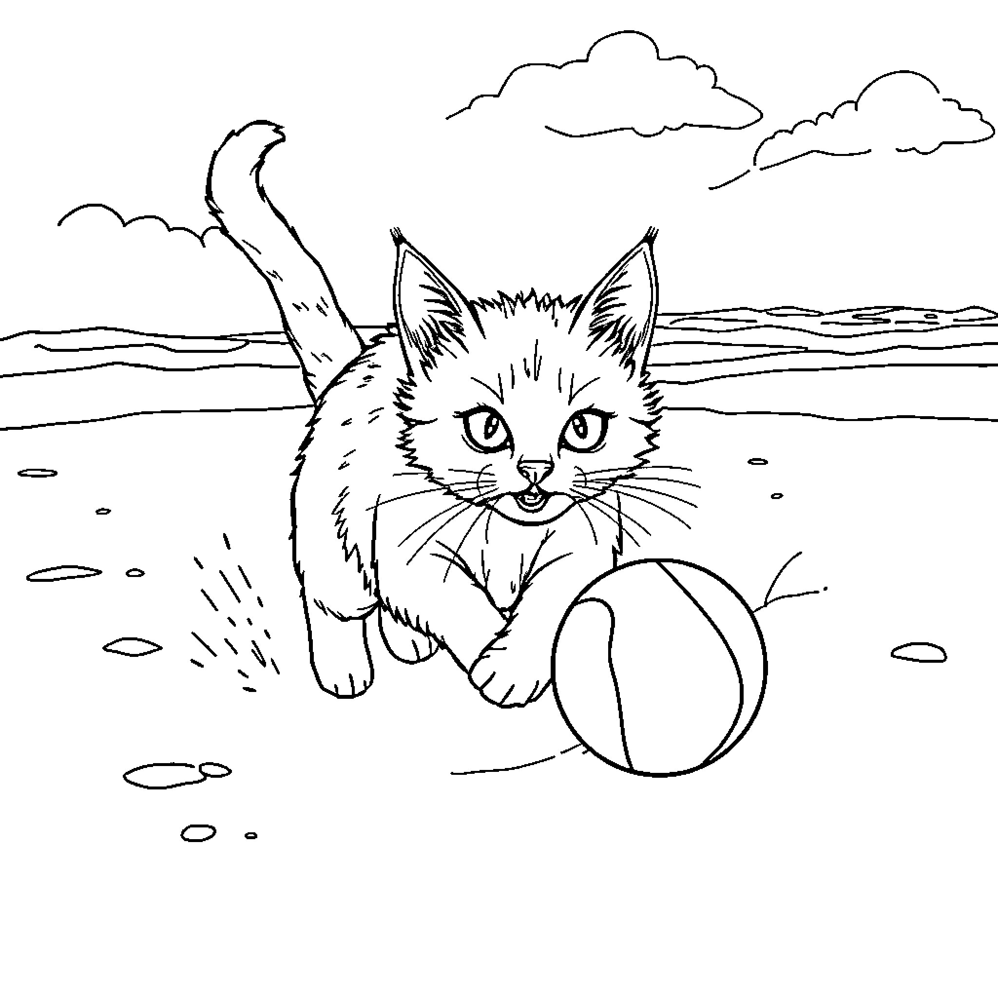 Cat playing with beach ball on the shore Coloring Page (free black-and-white line drawing printable PDF for all, from beginners to advanced learners, including children, teens, adults, and seniors)
