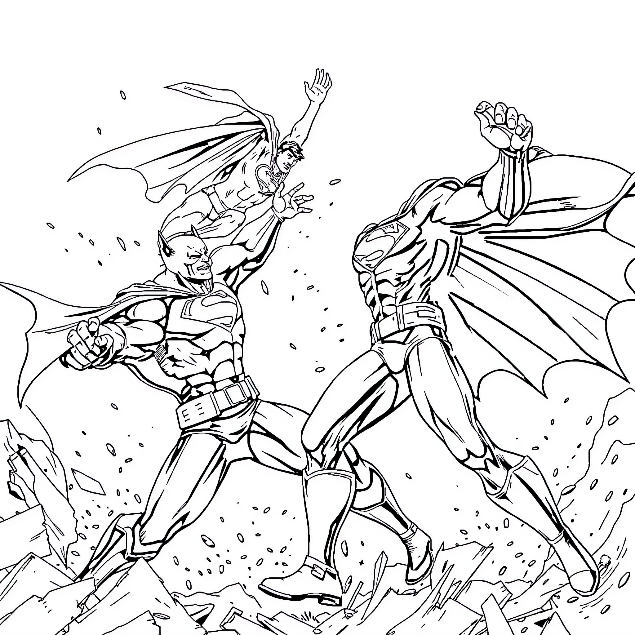 Batman Fighting Intense Battle with Villain Coloring Page (free black-and-white line drawing printable PDF for all, from beginners to advanced learners, including children, teens, adults, and seniors)