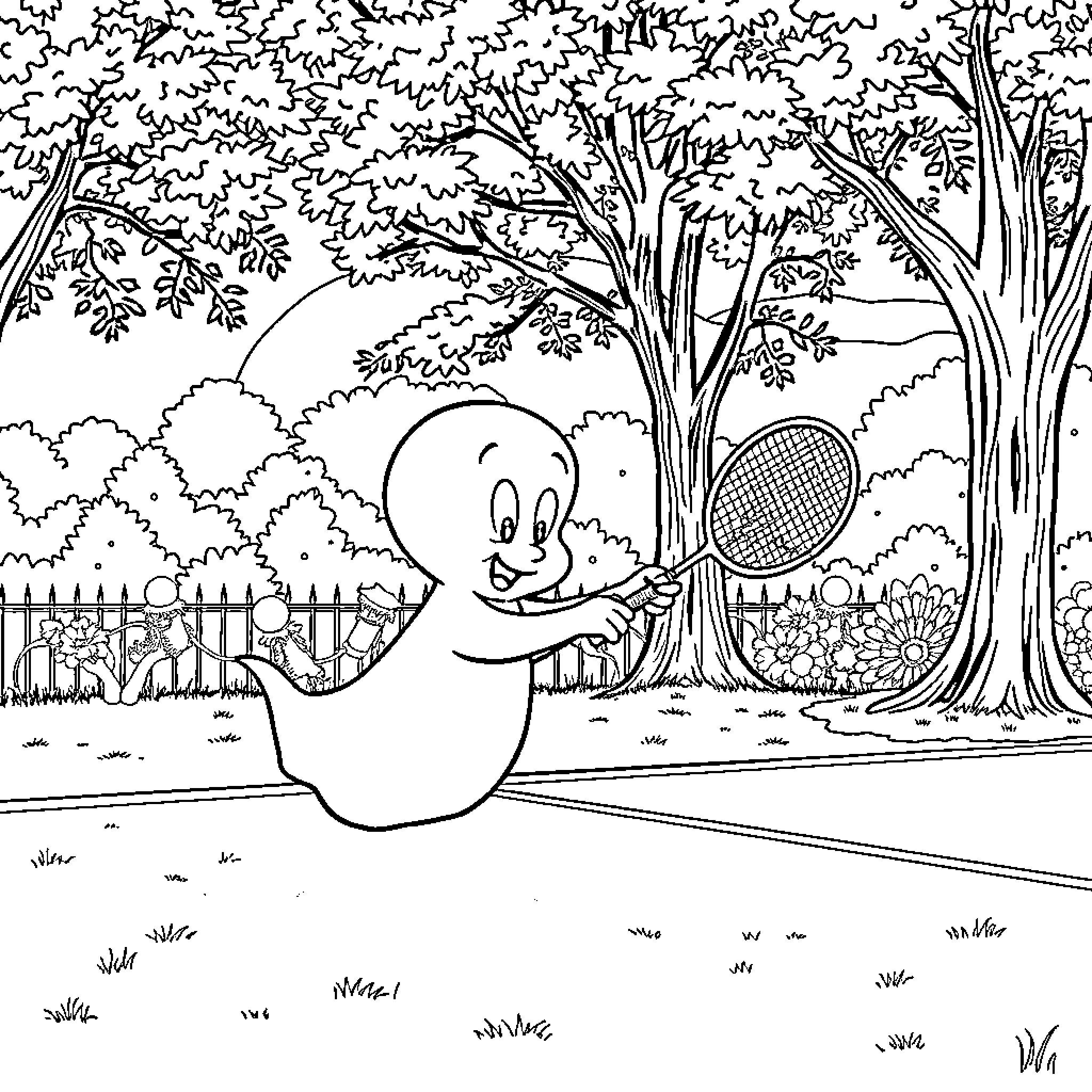 Ghost playing with a tennis racket in the park Coloring Page (free black-and-white line drawing printable PDF for all, from beginners to advanced learners, including children, teens, adults, and seniors)