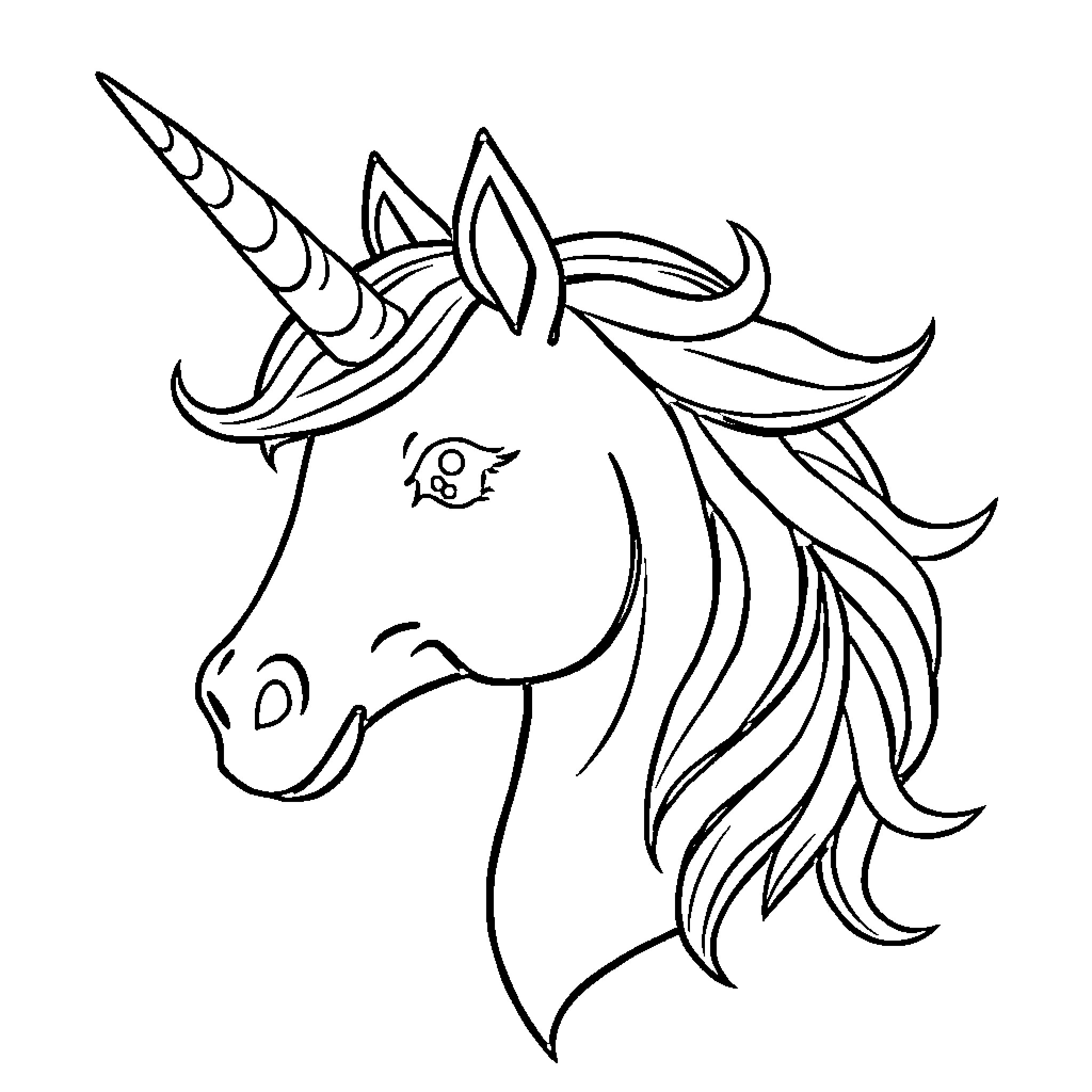 Unicorn with Flowing Mane and Horn Coloring Page (free black-and-white line drawing printable PDF for all, from beginners to advanced learners, including children, teens, adults, and seniors)