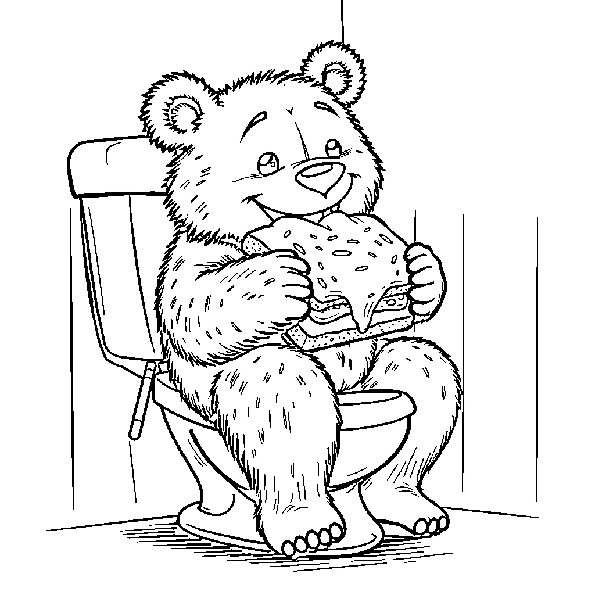 Bear enjoying a tasty snack on the toilet Coloring Page (free black-and-white line drawing printable PDF for all, from beginners to advanced learners, including children, teens, adults, and seniors)