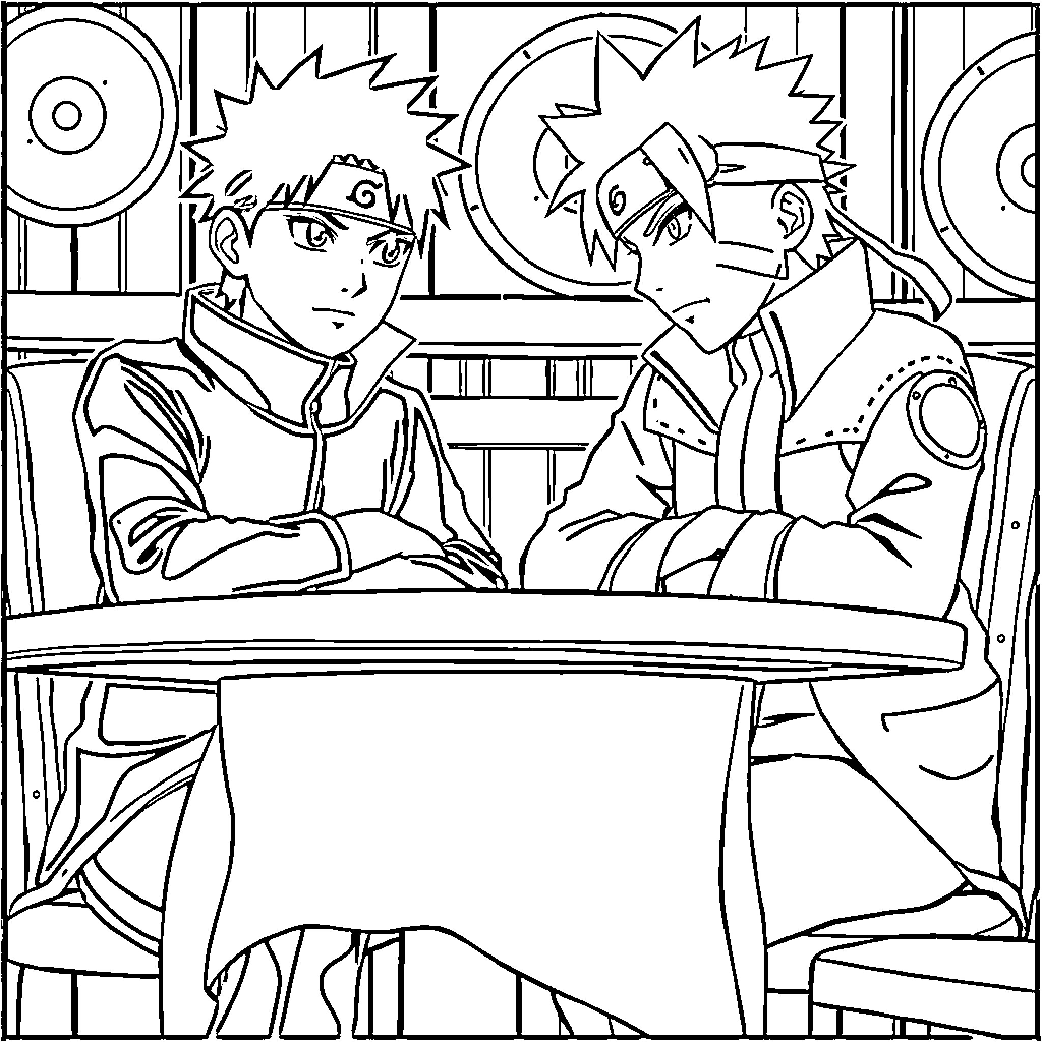 Obito's Determined Conversation with a Friend Coloring Page (free black-and-white line drawing printable PDF for all, from beginners to advanced learners, including children, teens, adults, and seniors)