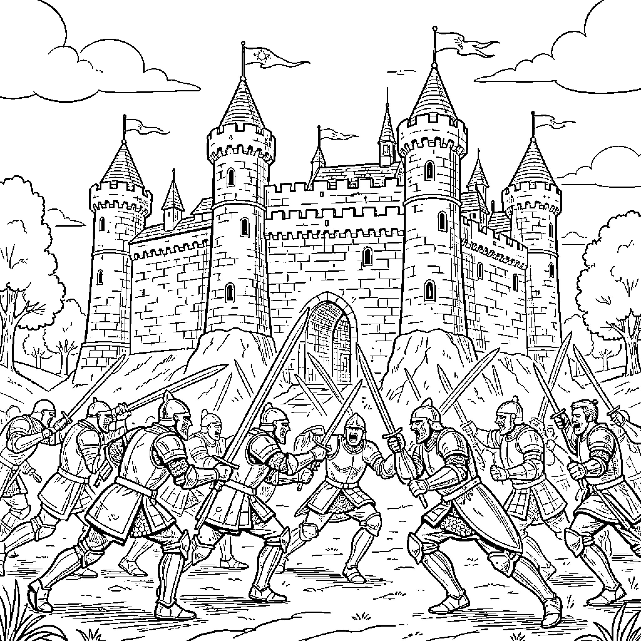 Castle knights engaging in a fierce sword battle Coloring Page (free black-and-white line drawing printable PDF for all, from beginners to advanced learners, including children, teens, adults, and seniors)