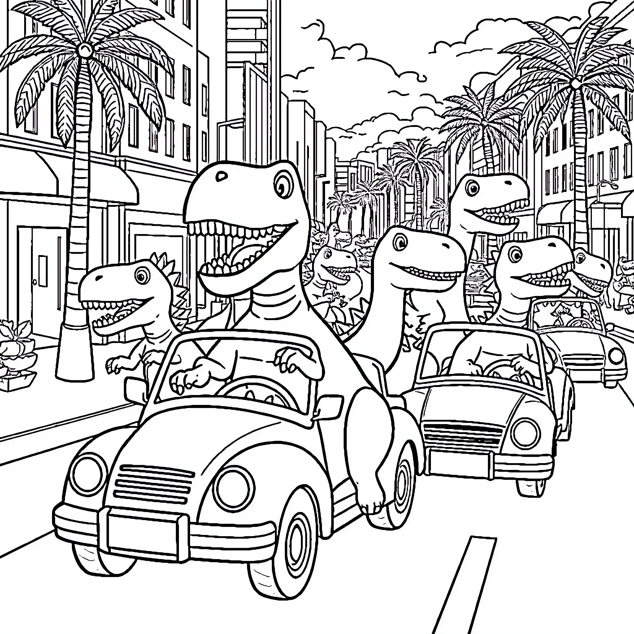 Dinosaurs driving fun cars on city streets Coloring Page (free black-and-white line drawing printable PDF for all, from beginners to advanced learners, including children, teens, adults, and seniors)