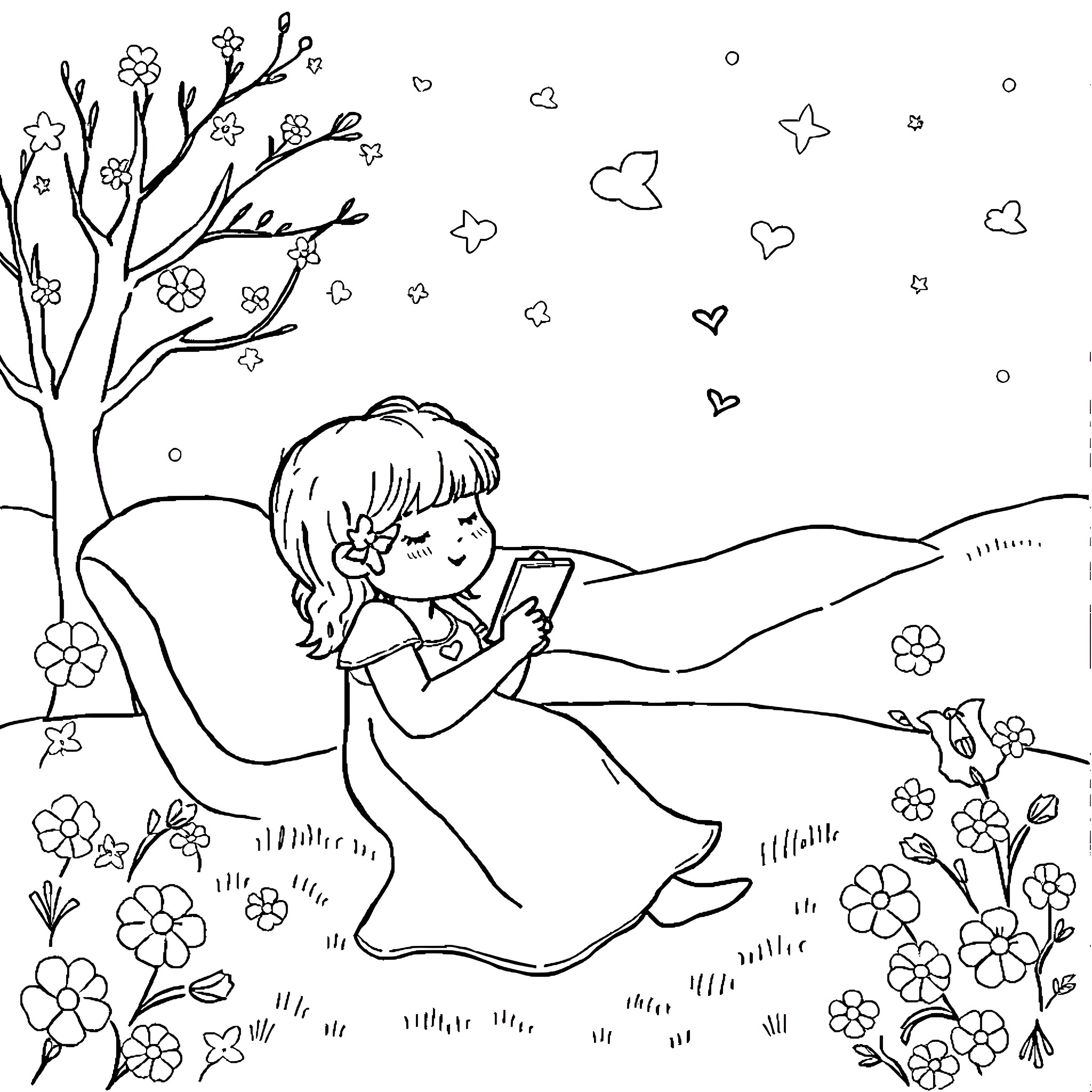 Love and Serenity in Nature Coloring Page (free black-and-white line drawing printable PDF for all, from beginners to advanced learners, including children, teens, adults, and seniors)