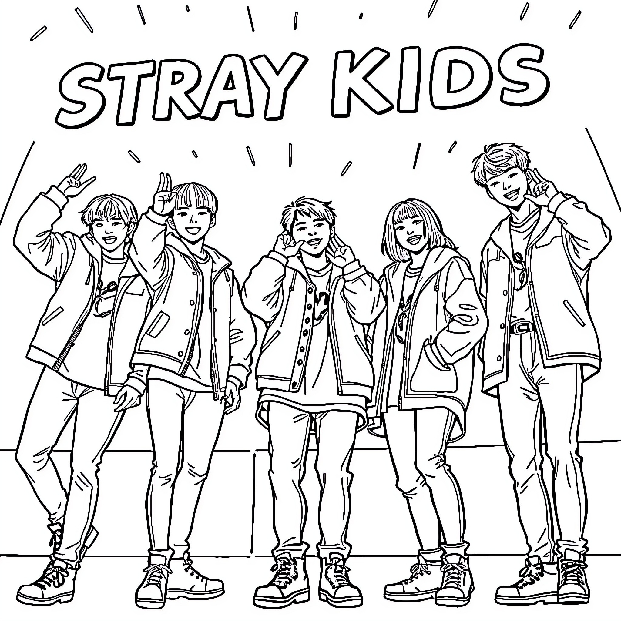 SKZ Stray Kids Posing Together Cheerfully Coloring Page (free black-and-white line drawing printable PDF for all, from beginners to advanced learners, including children, teens, adults, and seniors)