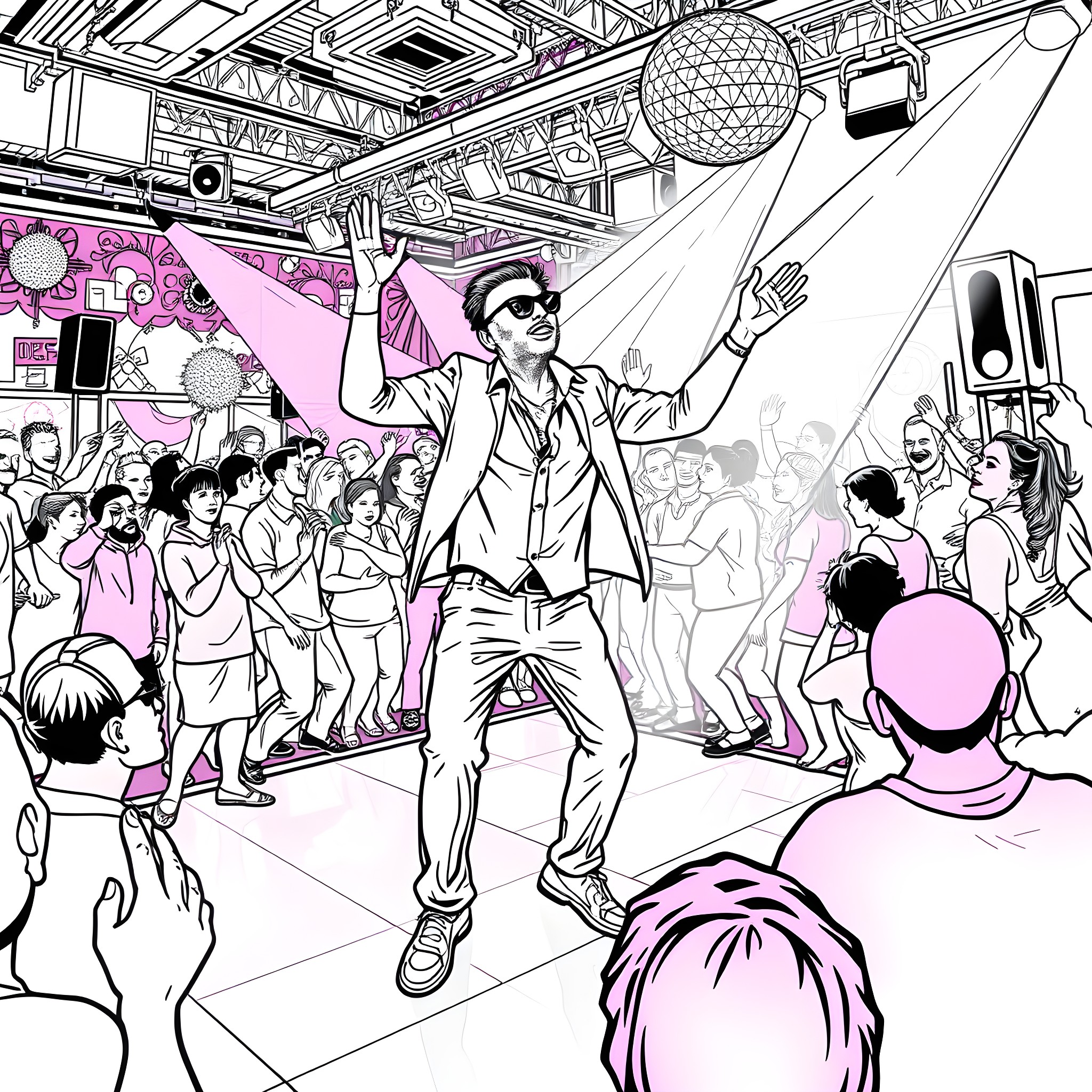 Billy Reddick dancing with a lively crowd at a disco party Coloring Page (free black-and-white line drawing printable PDF for all, from beginners to advanced learners, including children, teens, adults, and seniors)