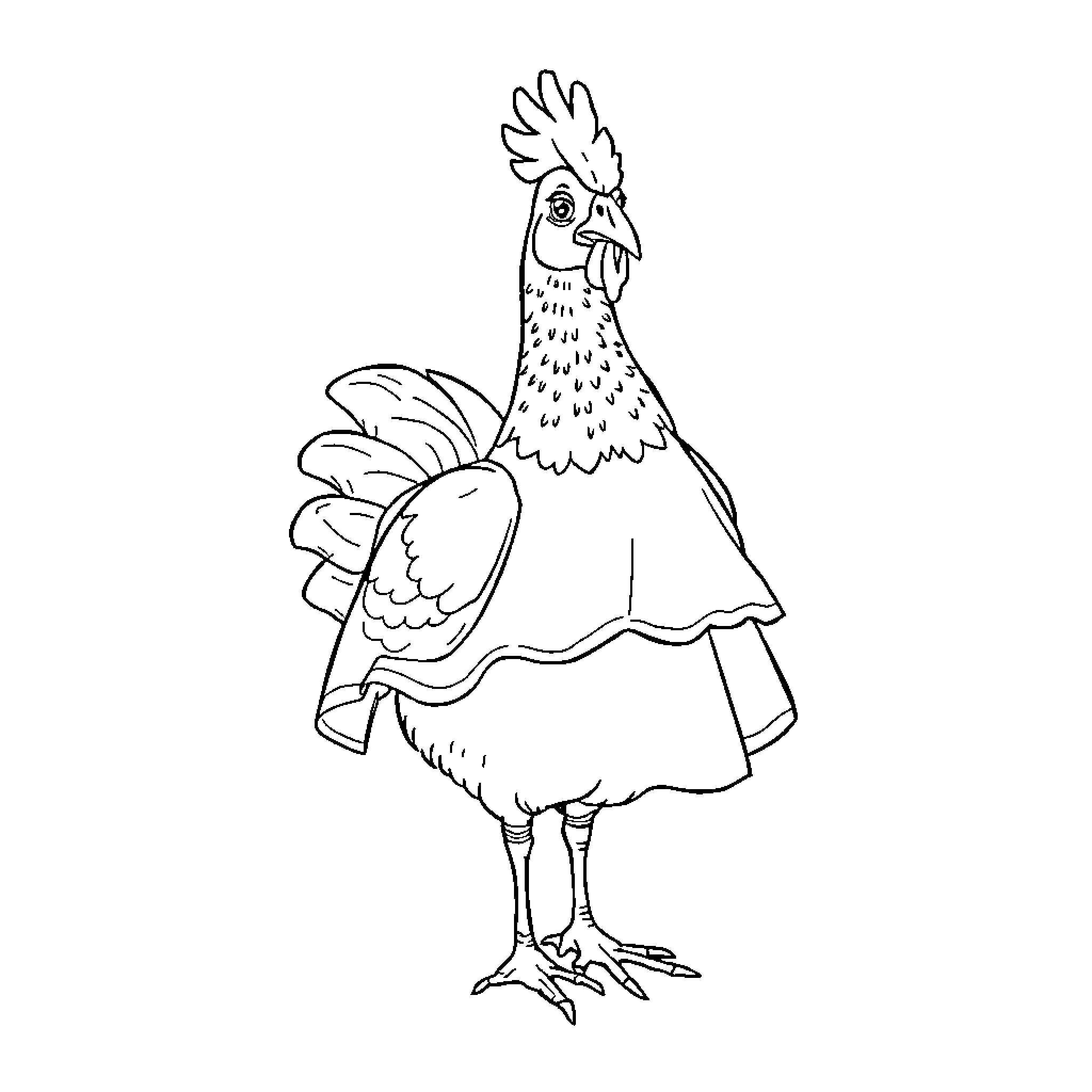 Poule with Expressive Feathers and Pose Coloring Page (free black-and-white line drawing printable PDF for all, from beginners to advanced learners, including children, teens, adults, and seniors)