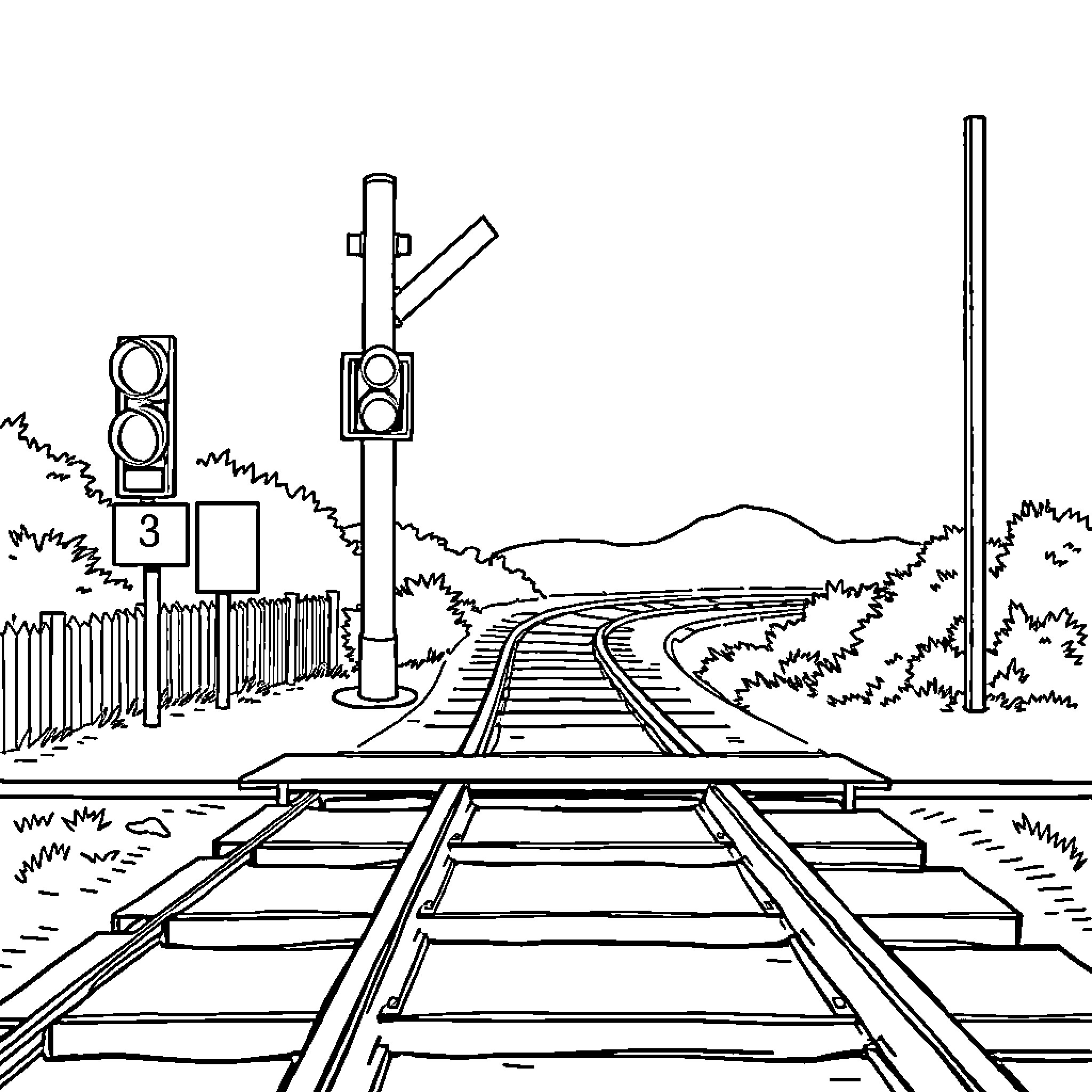 Level Crossing with Railway Signals and Tracks Coloring Page (free black-and-white line drawing printable PDF for all, from beginners to advanced learners, including children, teens, adults, and seniors)