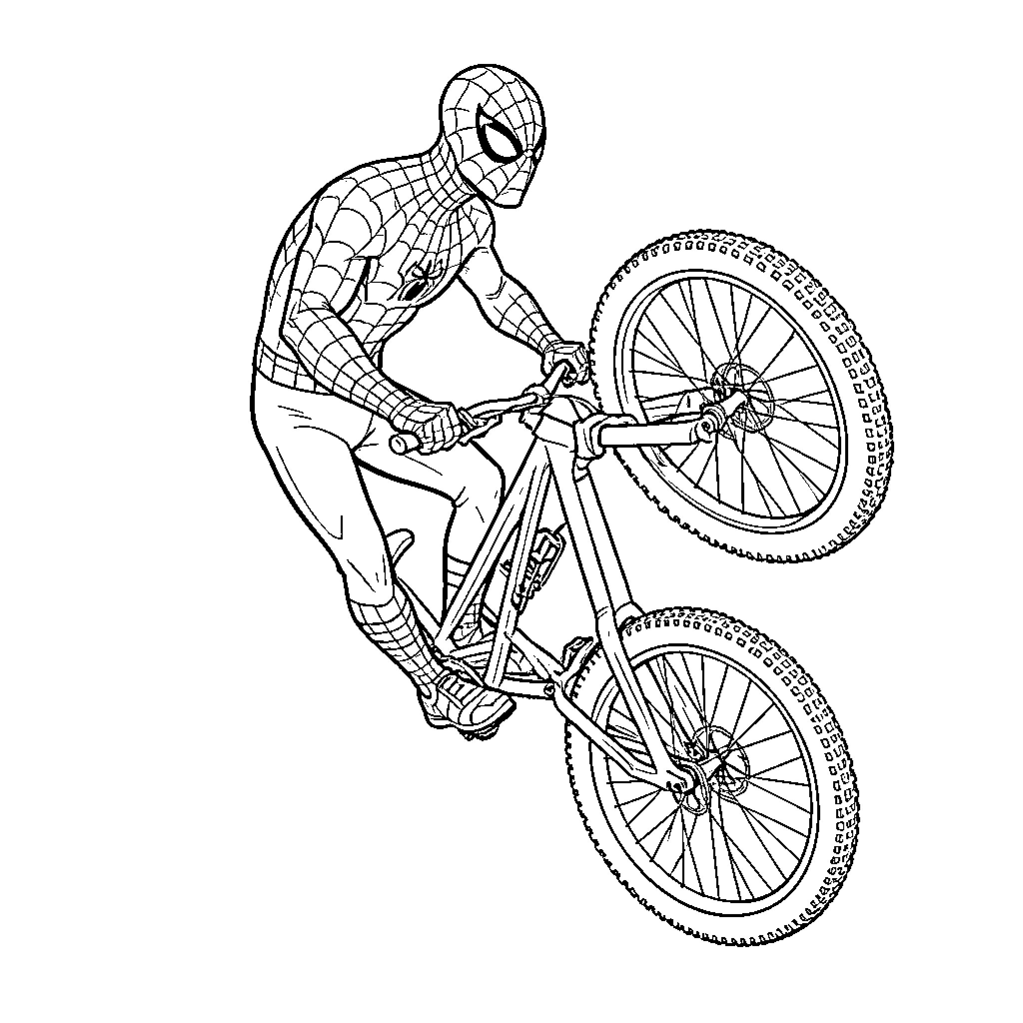 Spiderman performing a stunt on a bicycle Coloring Page (free black-and-white line drawing printable PDF for all, from beginners to advanced learners, including children, teens, adults, and seniors)