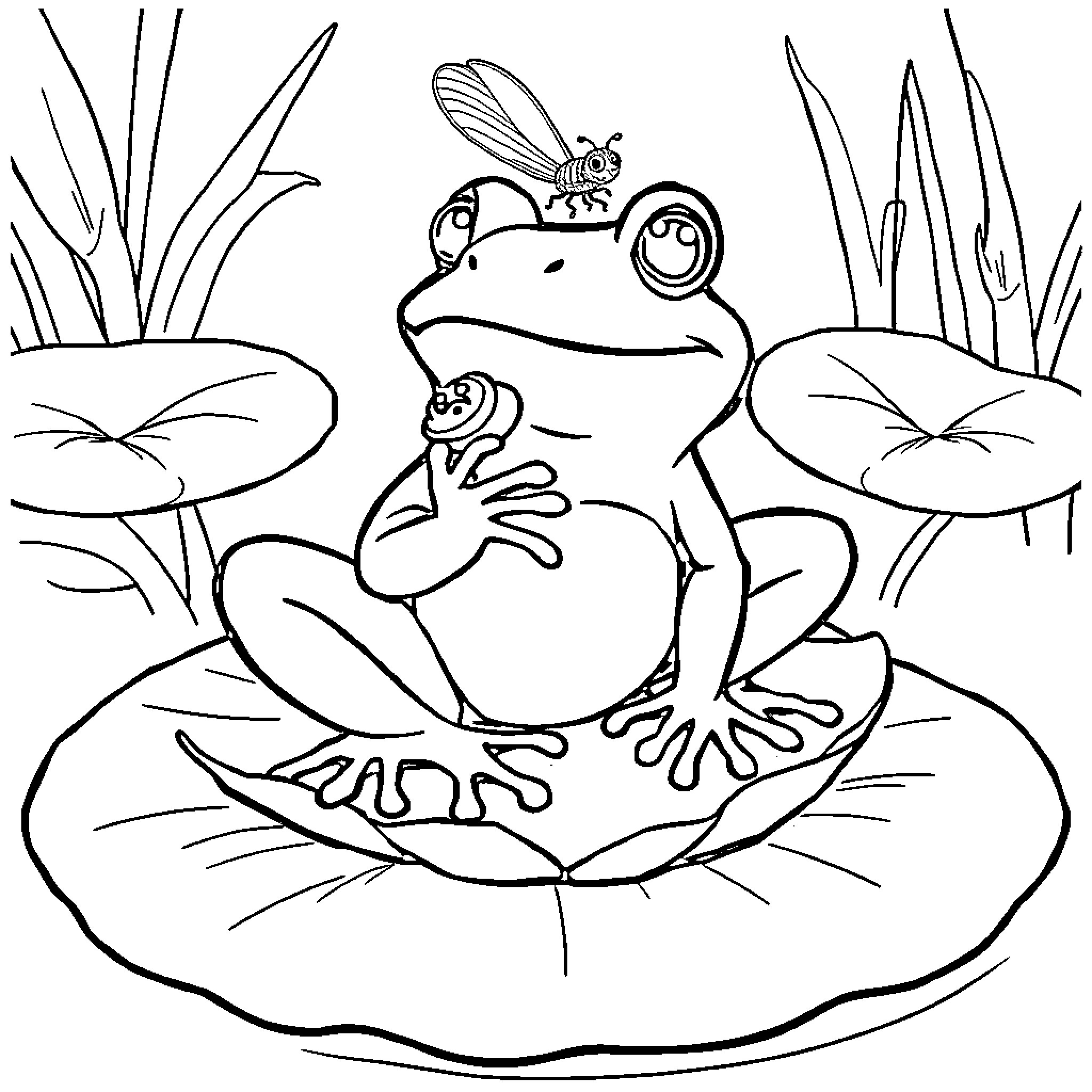Frog and Dragonfly in Lily Pond Coloring Page (free black-and-white line drawing printable PDF for all, from beginners to advanced learners, including children, teens, adults, and seniors)