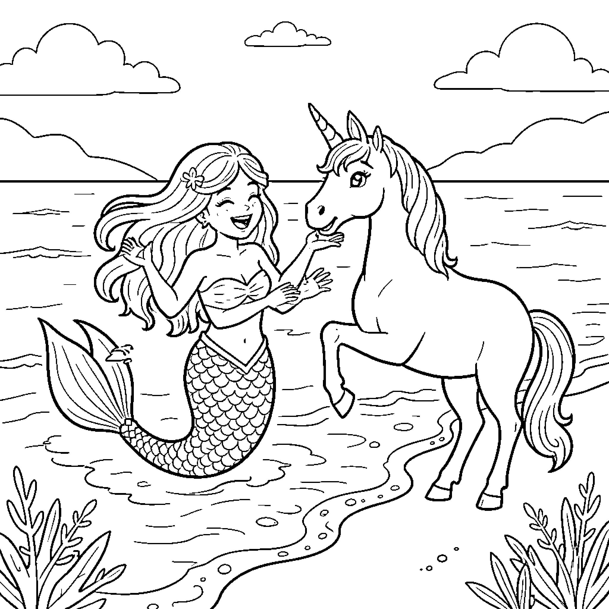 Siren interacting playfully with a unicorn by the sea Coloring Page (free black-and-white line drawing printable PDF for all, from beginners to advanced learners, including children, teens, adults, and seniors)
