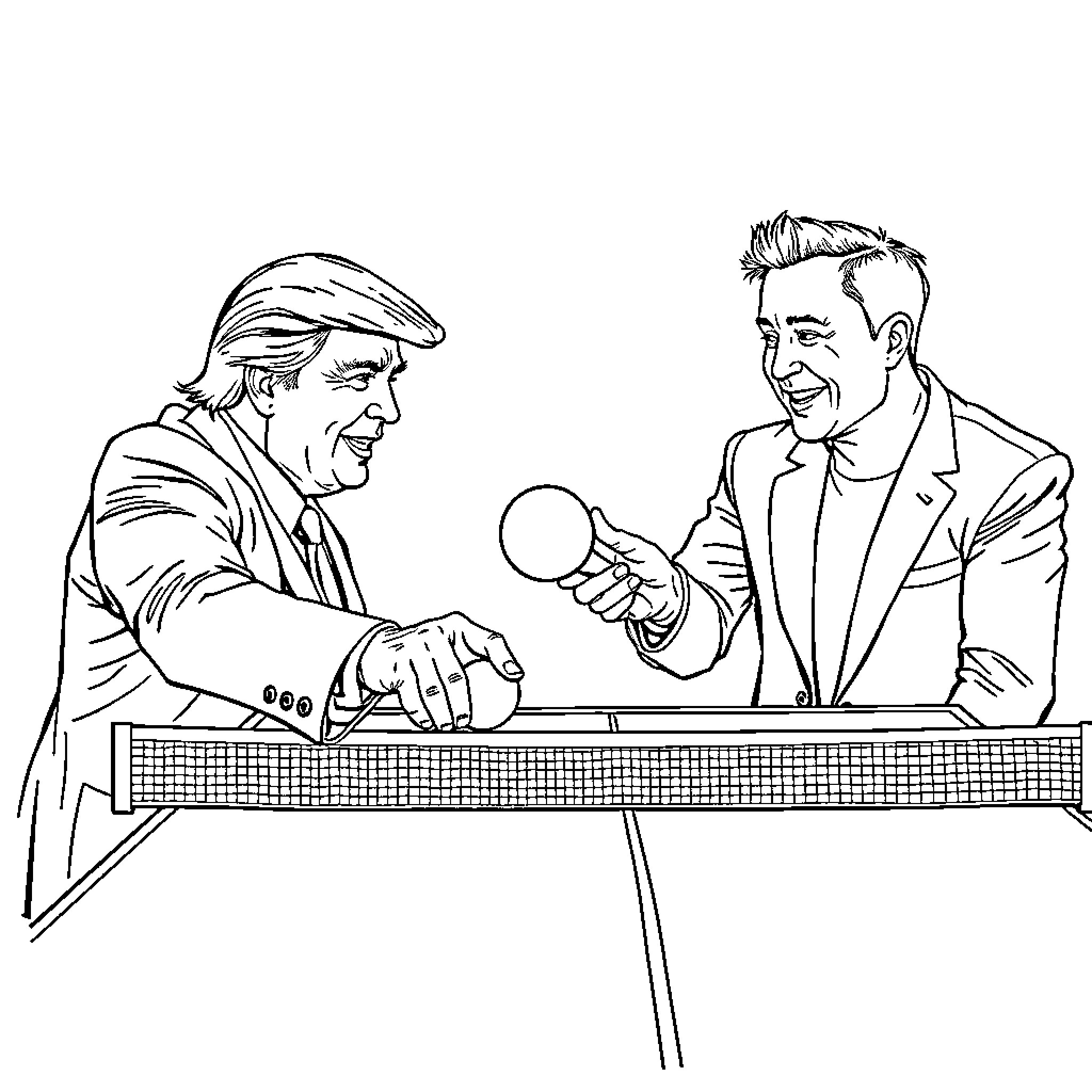 Trump Playing Table Tennis With Reporter Coloring Page (free black-and-white line drawing printable PDF for all, from beginners to advanced learners, including children, teens, adults, and seniors)