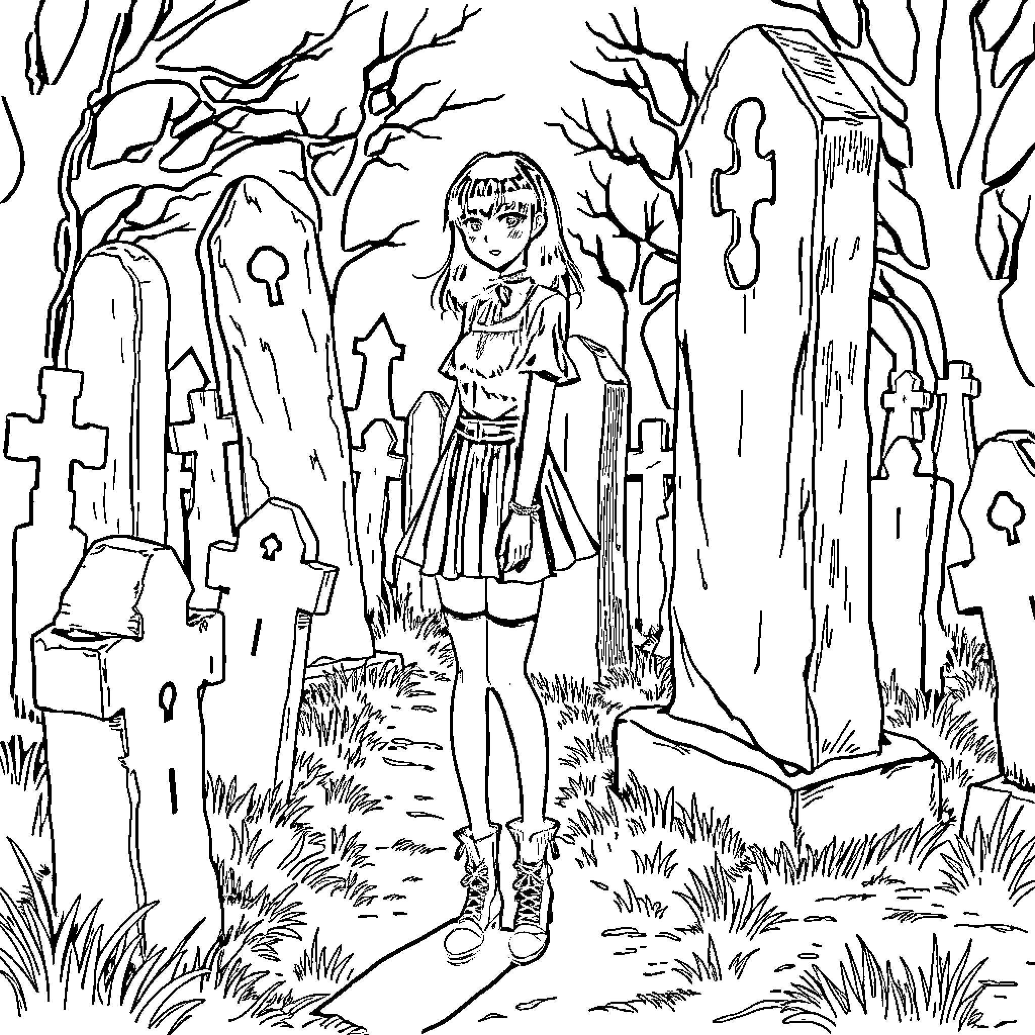 Goth Girl Exploring the Eerie Graveyard Coloring Page (free black-and-white line drawing printable PDF for all, from beginners to advanced learners, including children, teens, adults, and seniors)