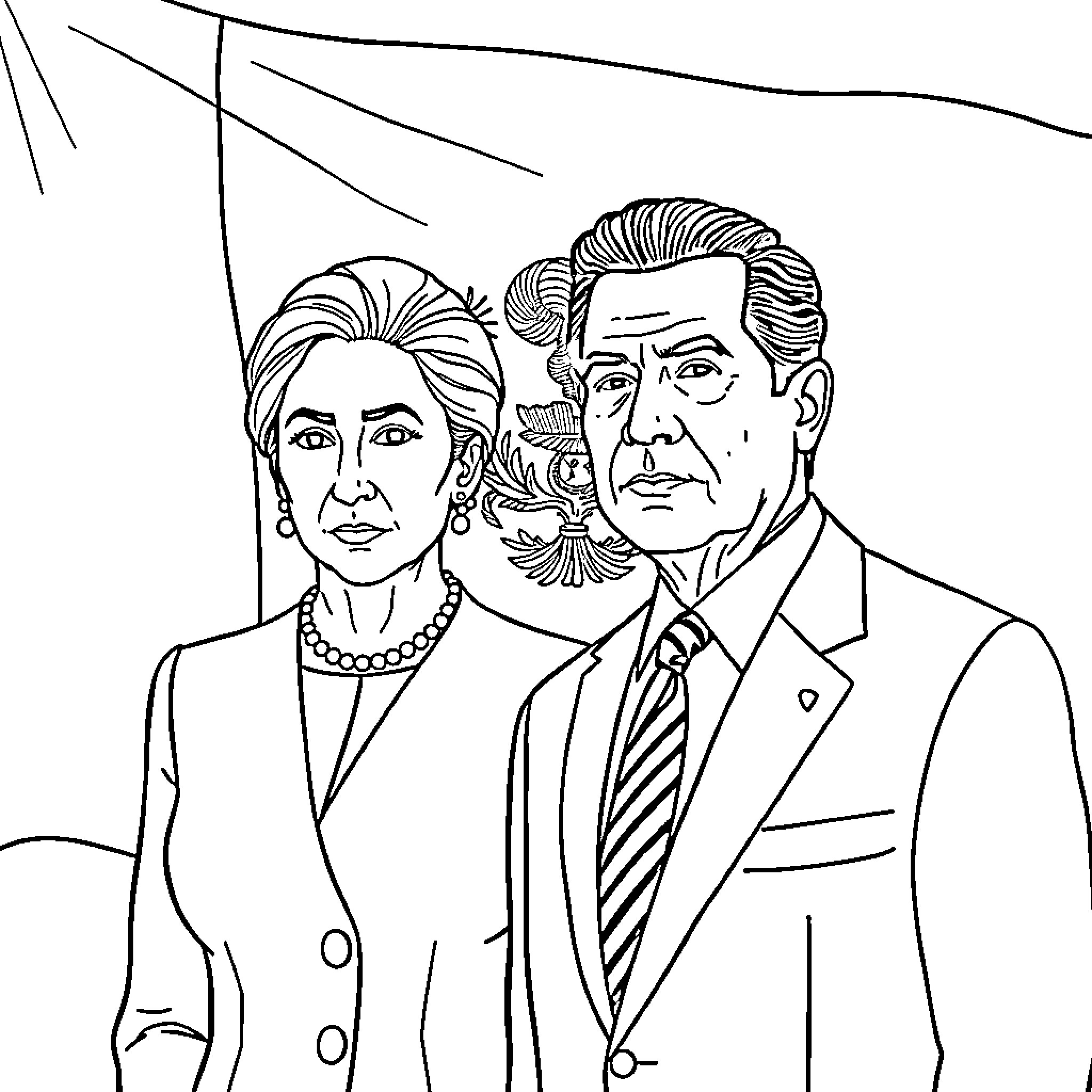 Dina Boluarte and her husband in formal attire Coloring Page (free black-and-white line drawing printable PDF for all, from beginners to advanced learners, including children, teens, adults, and seniors)