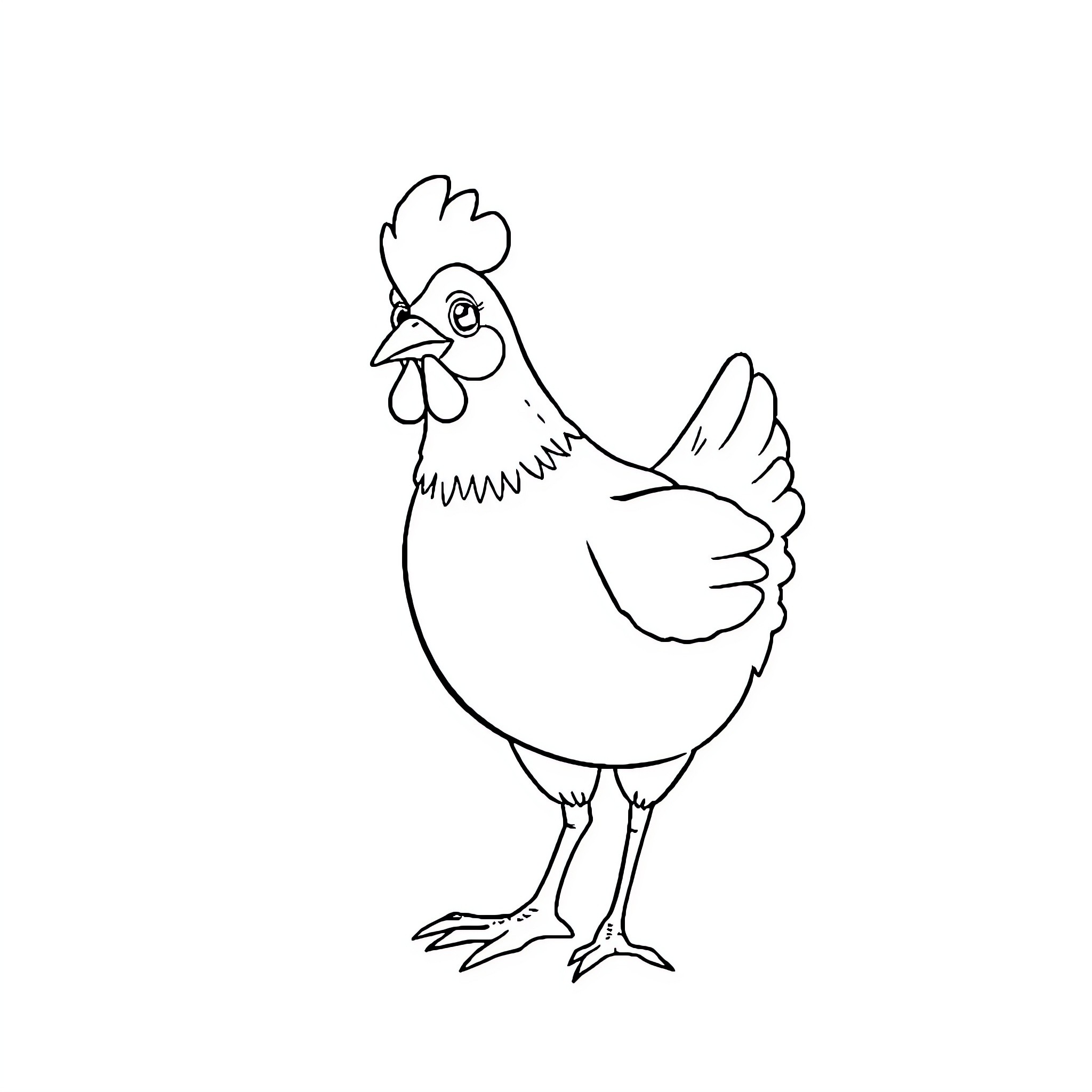 Chicken standing proud and alert Coloring Page (free black-and-white line drawing printable PDF for all, from beginners to advanced learners, including children, teens, adults, and seniors)