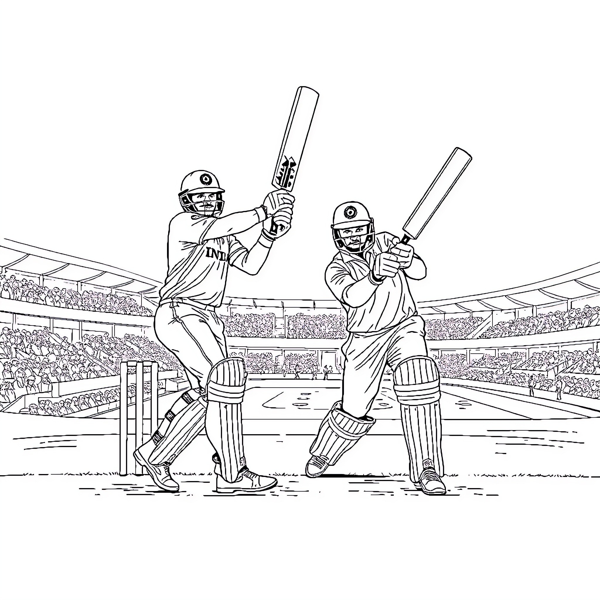Batsman at Bat in a Cricket Match Coloring Page (free black-and-white line drawing printable PDF for all, from beginners to advanced learners, including children, teens, adults, and seniors)