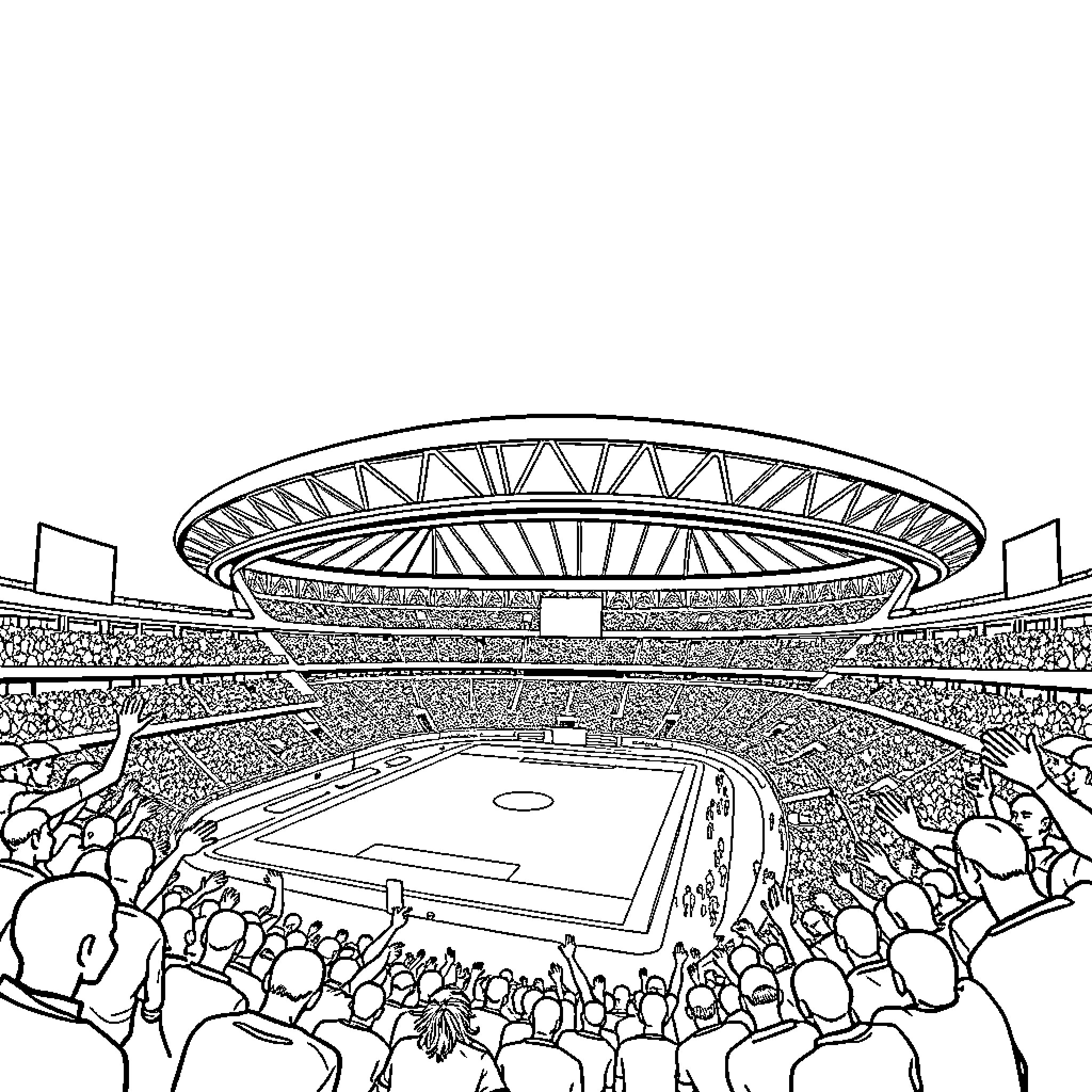 Stadium Filled with Cheering Crowd Coloring Page (free black-and-white line drawing printable PDF for all, from beginners to advanced learners, including children, teens, adults, and seniors)