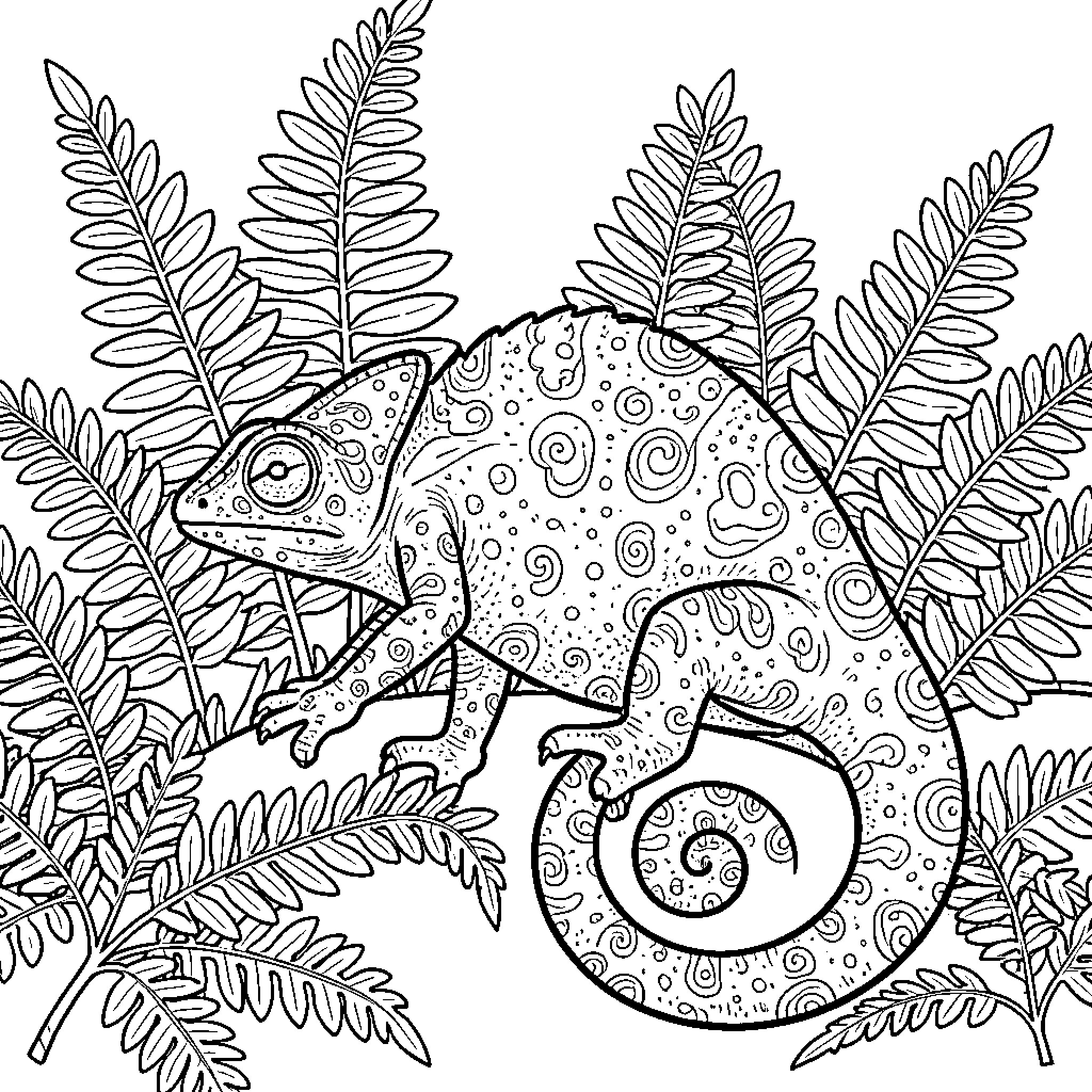 Chameleon resting among lush tropical fern leaves Coloring Page (free black-and-white line drawing printable PDF for all, from beginners to advanced learners, including children, teens, adults, and seniors)