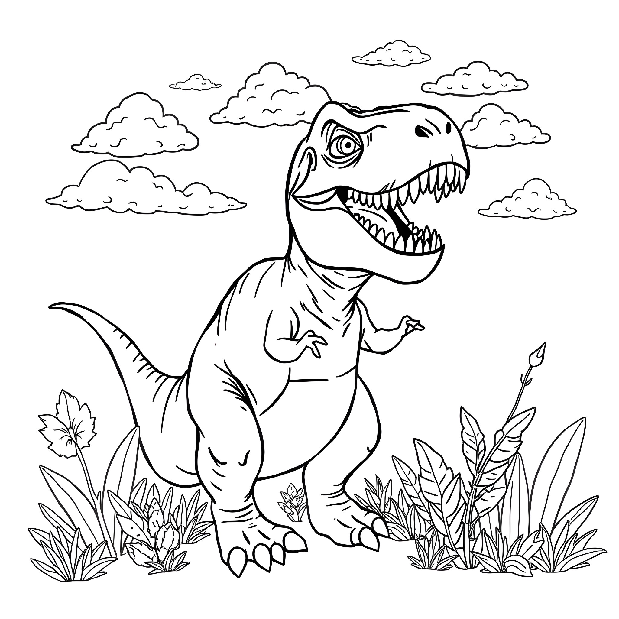 Tyrannosaurus Rex ferociously roaming in prehistoric landscape Coloring Page (free black-and-white line drawing printable PDF for all, from beginners to advanced learners, including children, teens, adults, and seniors)