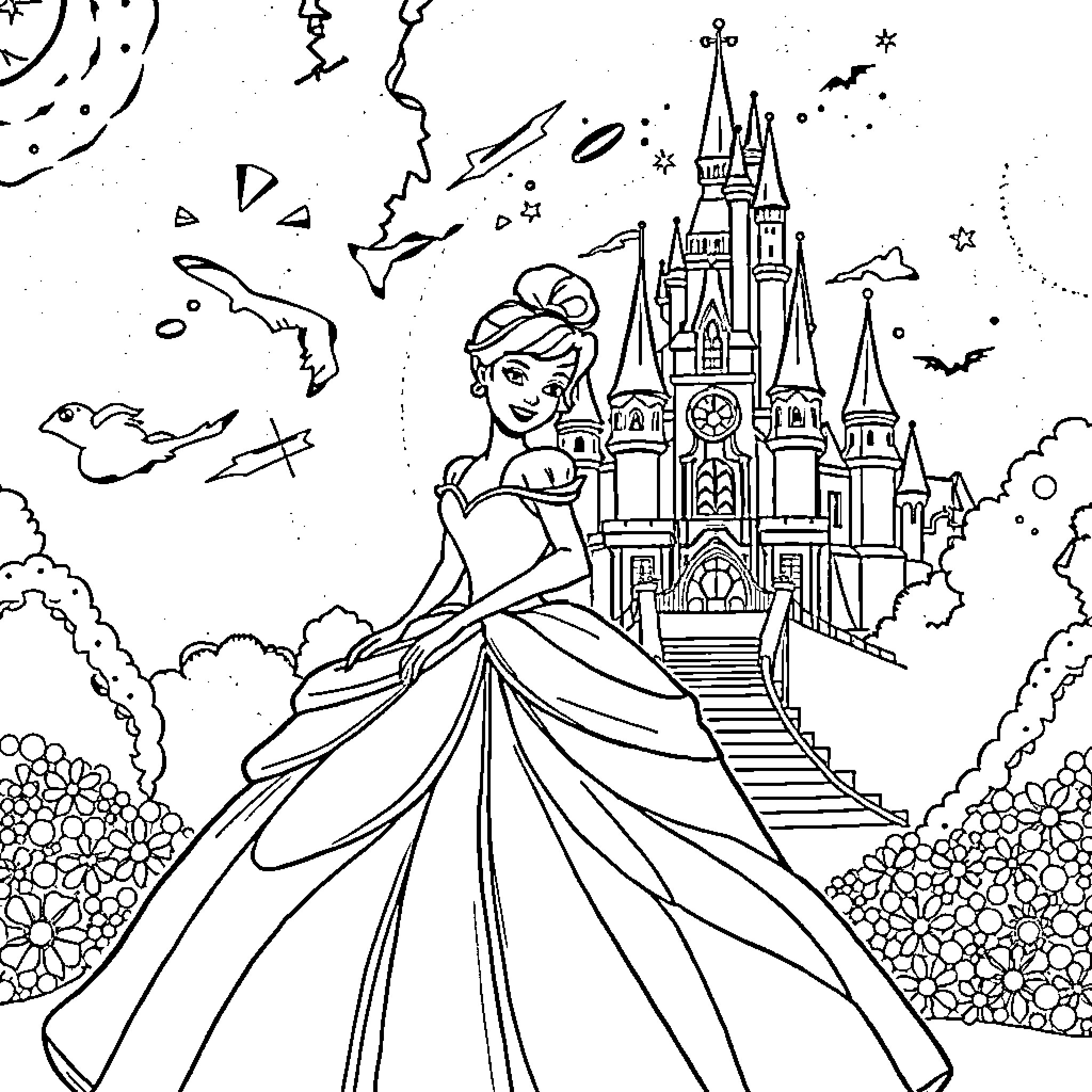 Cinderella's magical journey to the castle Coloring Page (free black-and-white line drawing printable PDF for all, from beginners to advanced learners, including children, teens, adults, and seniors)