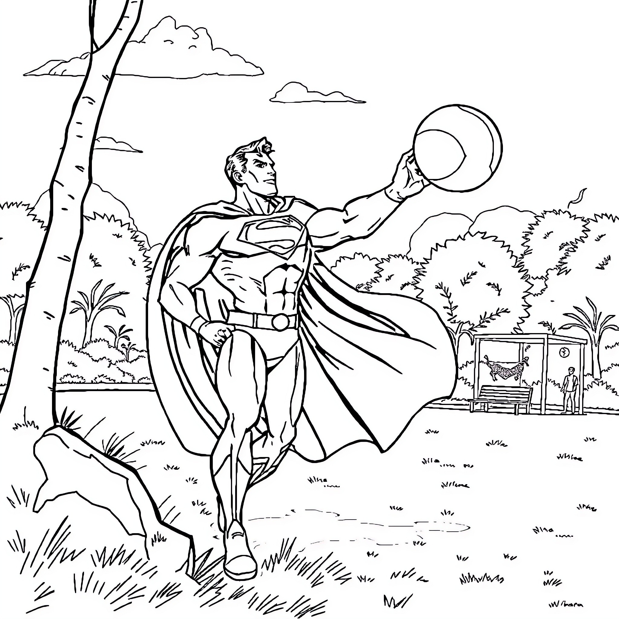 Superman flying over a scenic landscape Coloring Page (free black-and-white line drawing printable PDF for all, from beginners to advanced learners, including children, teens, adults, and seniors)