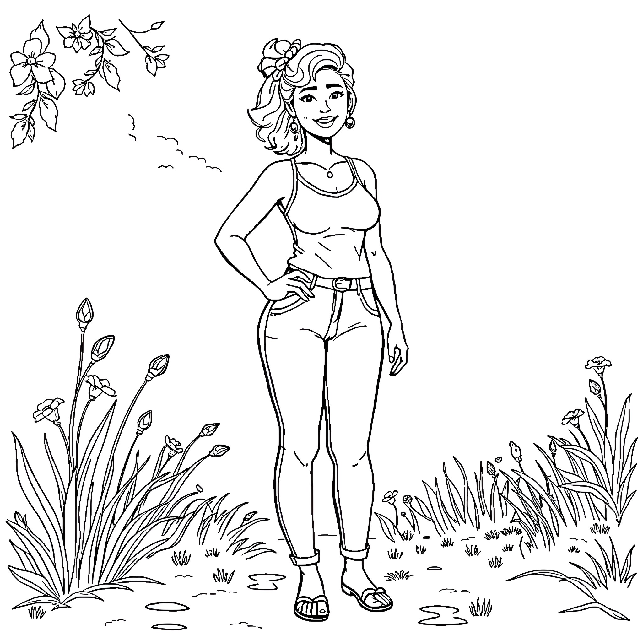Mom enjoying a peaceful day in nature Coloring Page (free black-and-white line drawing printable PDF for all, from beginners to advanced learners, including children, teens, adults, and seniors)