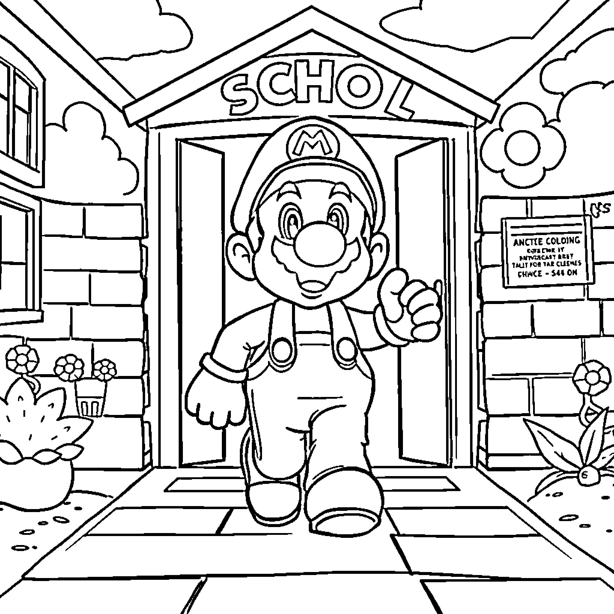 Super Mario Enters the School Building Coloring Page (free black-and-white line drawing printable PDF for all, from beginners to advanced learners, including children, teens, adults, and seniors)