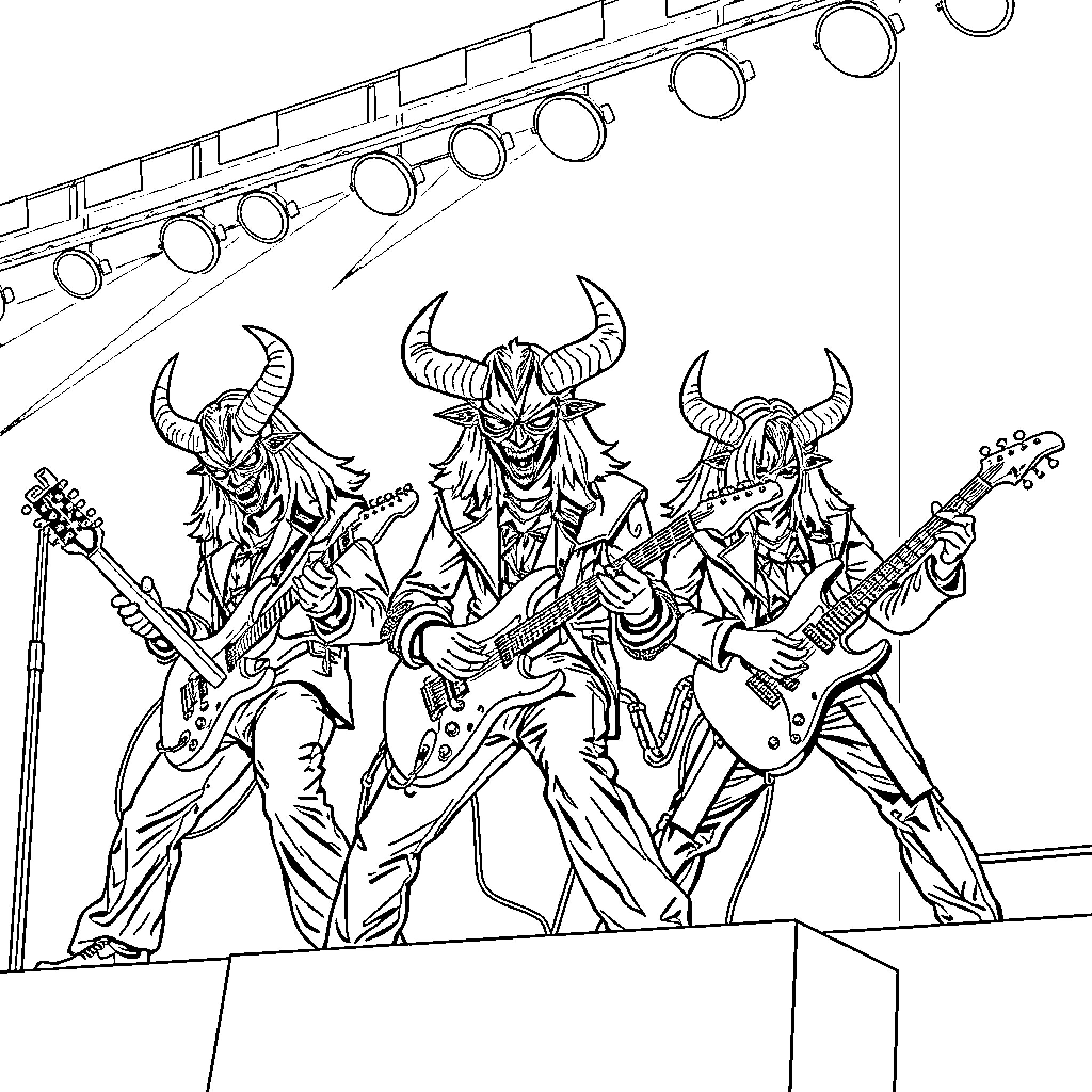Demon Hunter Band Performing on Stage Coloring Page (free black-and-white line drawing printable PDF for all, from beginners to advanced learners, including children, teens, adults, and seniors)