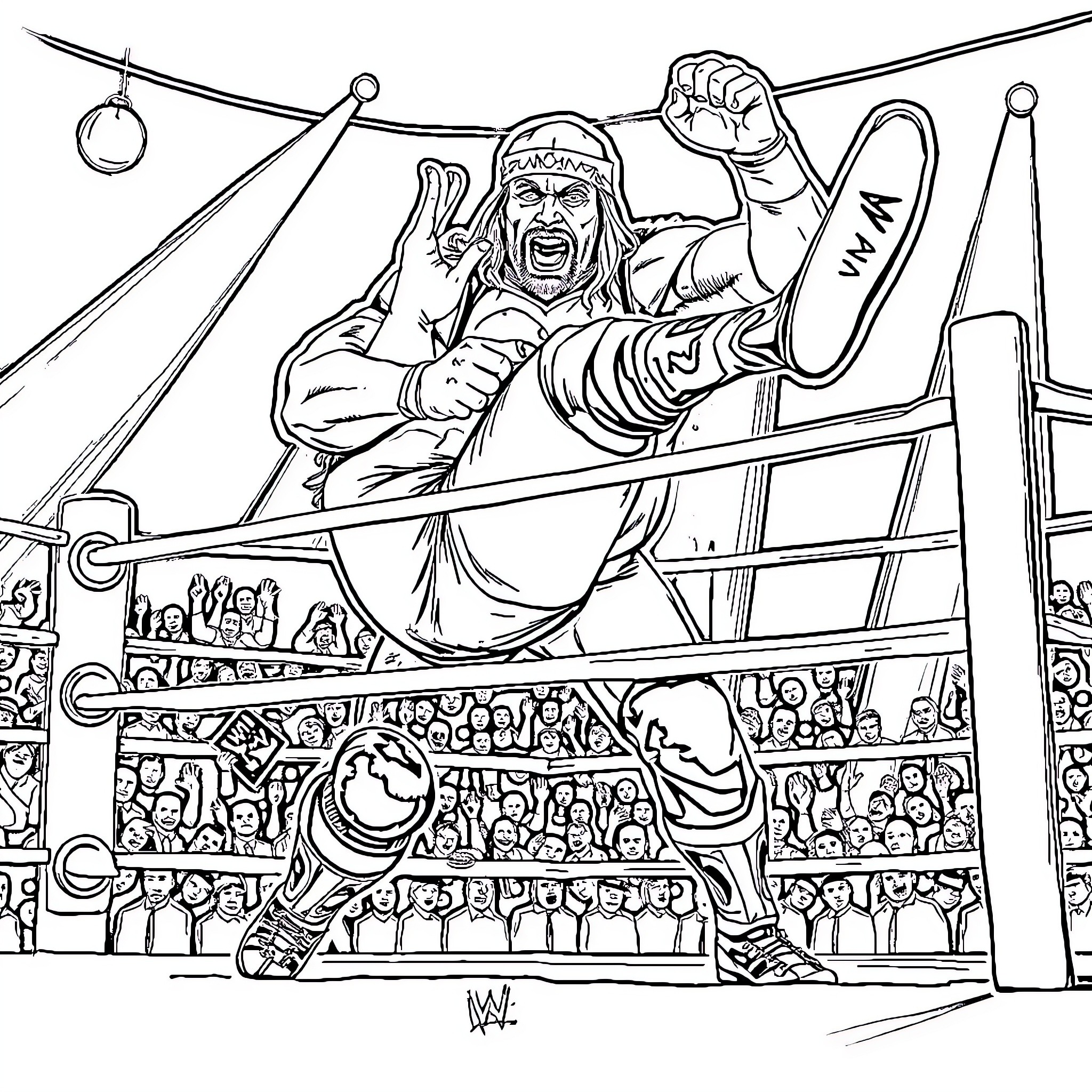 Hulk Hogan's Triumphant Wrestling Performance Coloring Page (free black-and-white line drawing printable PDF for all, from beginners to advanced learners, including children, teens, adults, and seniors)
