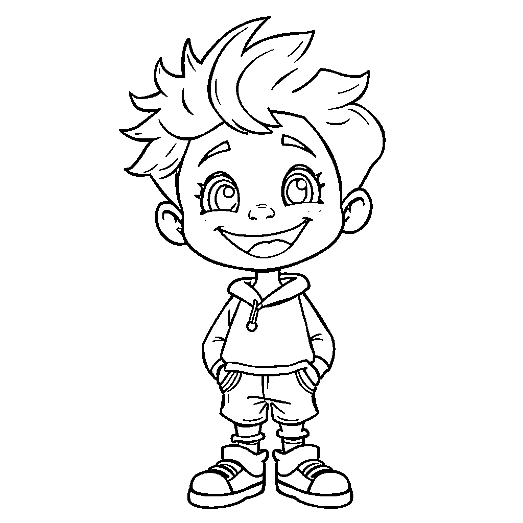 Kid happily posing with excited expression Coloring Page (free black-and-white line drawing printable PDF for all, from beginners to advanced learners, including children, teens, adults, and seniors)