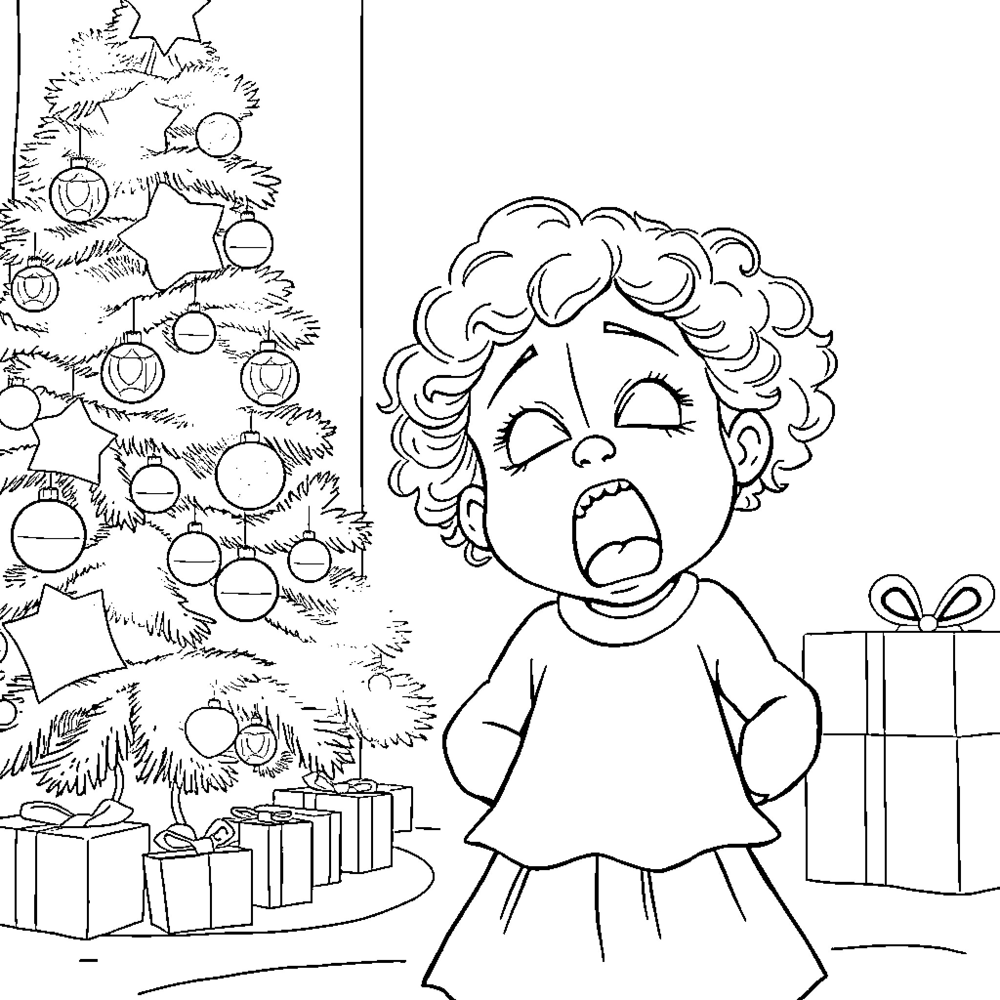 Girl expressing emotions near Christmas tree Coloring Page (free black-and-white line drawing printable PDF for all, from beginners to advanced learners, including children, teens, adults, and seniors)