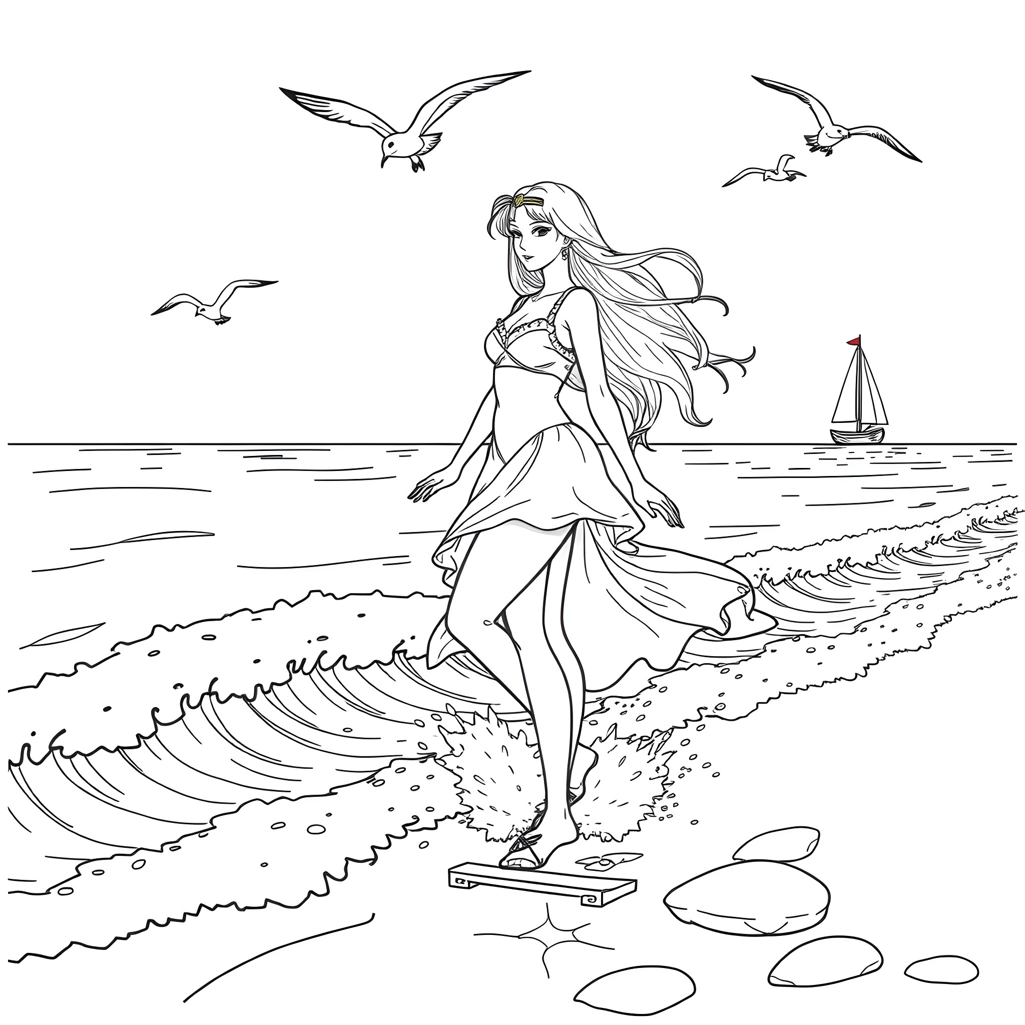 Regara: Mermaid Dancing in the Waves Coloring Page (free black-and-white line drawing printable PDF for all, from beginners to advanced learners, including children, teens, adults, and seniors)
