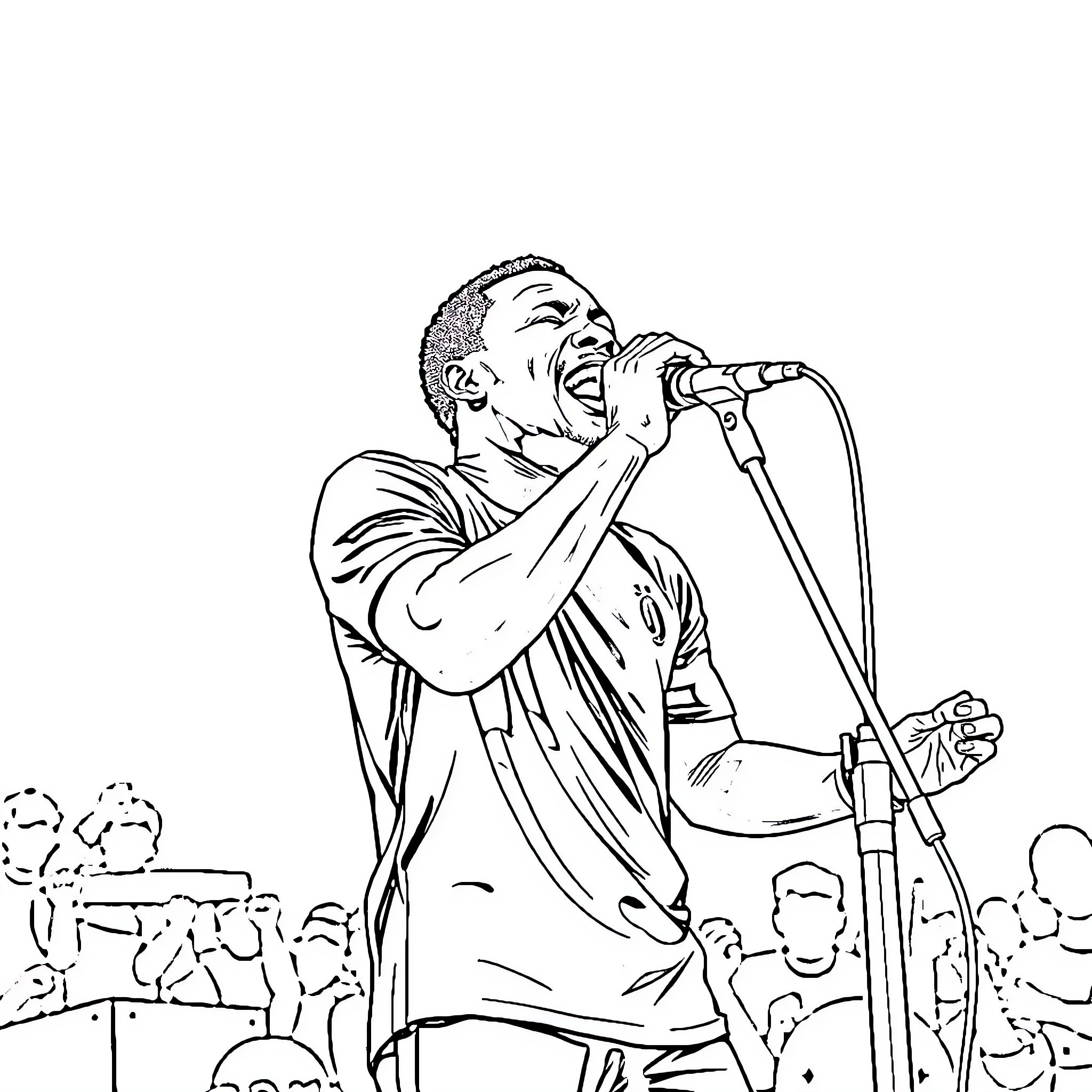 Mbappe's Energetic Performance on Stage Coloring Page (free black-and-white line drawing printable PDF for all, from beginners to advanced learners, including children, teens, adults, and seniors)