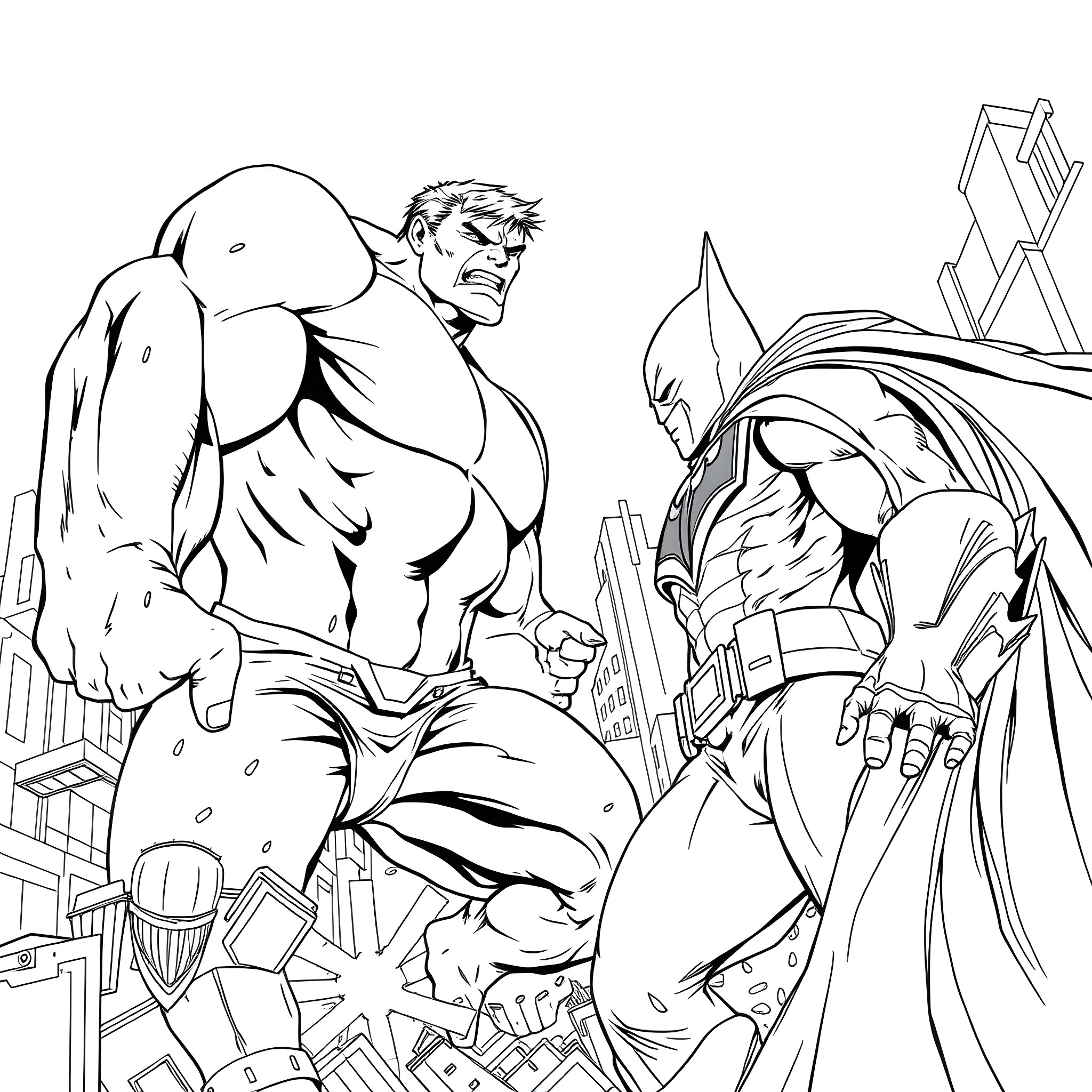 Hulk Smashing through the City Skyline Coloring Page (free black-and-white line drawing printable PDF for all, from beginners to advanced learners, including children, teens, adults, and seniors)