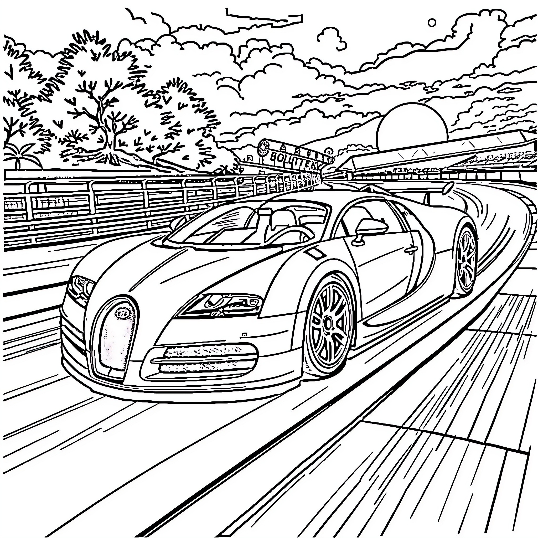 Bugatti supercar speeding through a scenic landscape Coloring Page (free black-and-white line drawing printable PDF for all, from beginners to advanced learners, including children, teens, adults, and seniors)