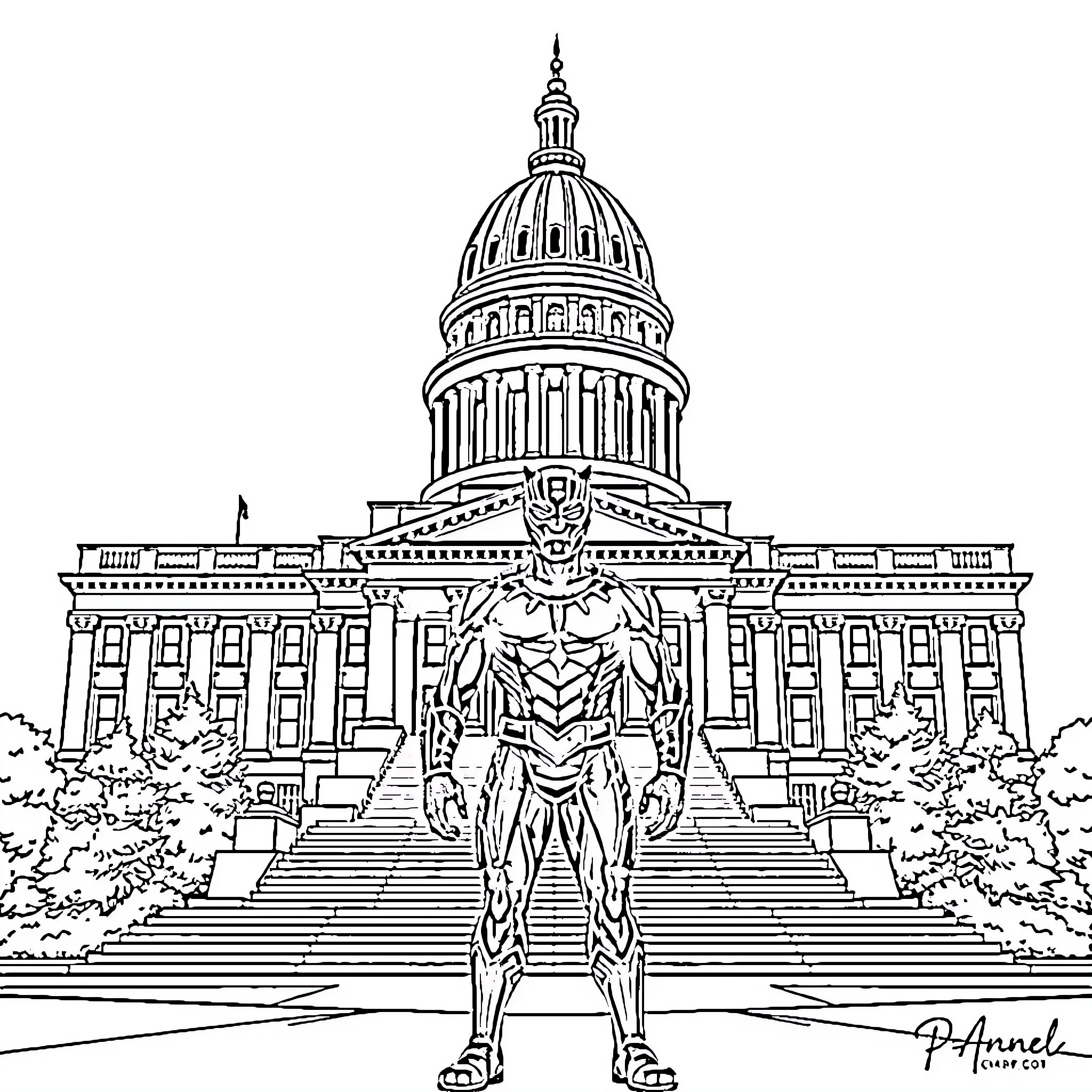 Black Panther stands proudly before the U.S. Capitol building Coloring Page (free black-and-white line drawing printable PDF for all, from beginners to advanced learners, including children, teens, adults, and seniors)