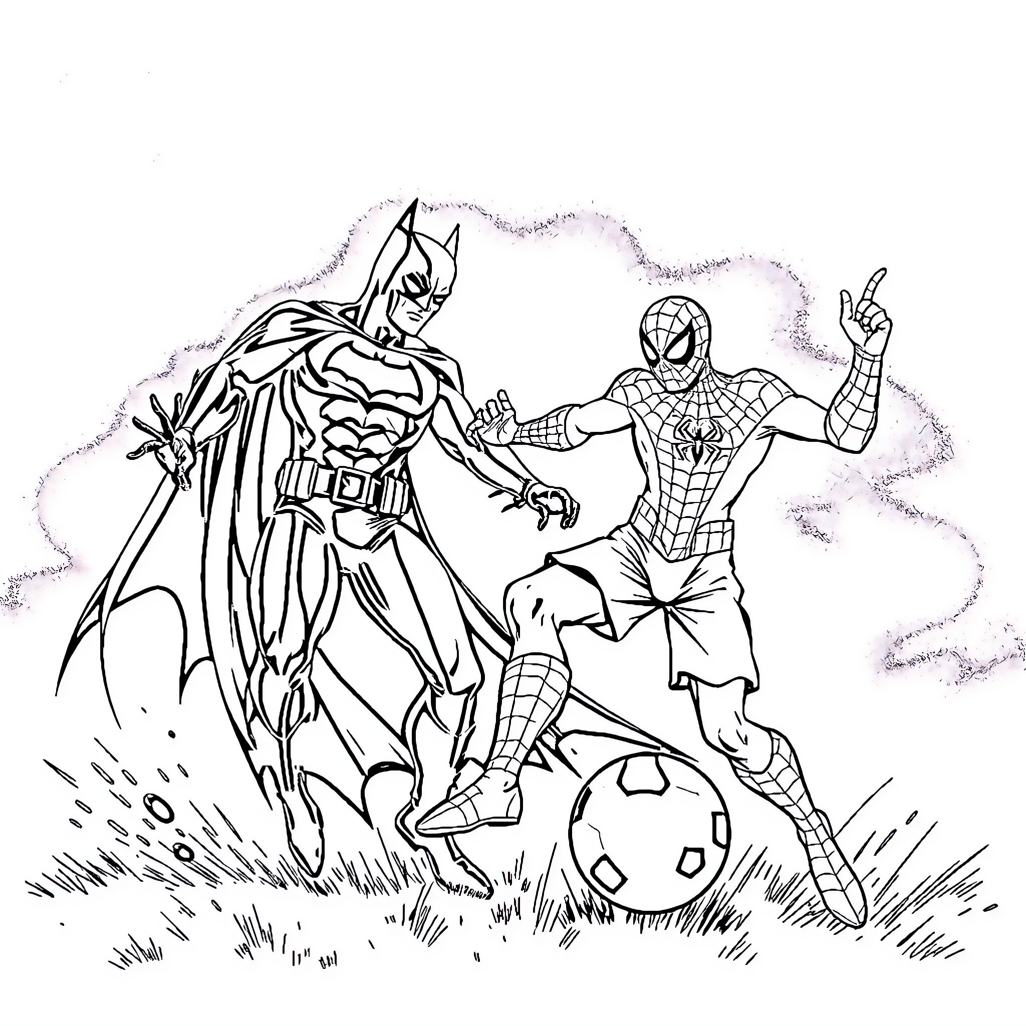 Batman and Spider-Man Playing Soccer Together Coloring Page (free black-and-white line drawing printable PDF for all, from beginners to advanced learners, including children, teens, adults, and seniors)