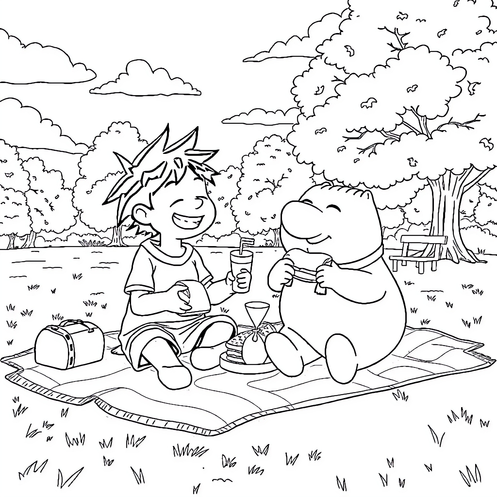 Sans friends enjoying a picnic in the park Coloring Page (free black-and-white line drawing printable PDF for all, from beginners to advanced learners, including children, teens, adults, and seniors)