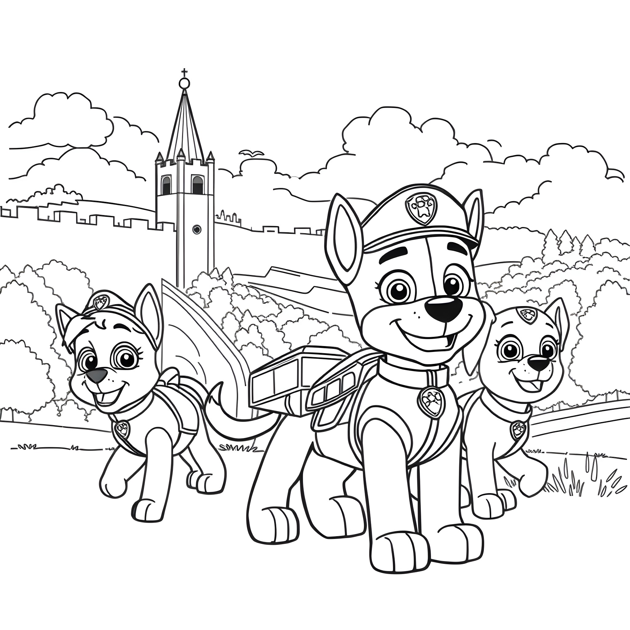 Paw Patrol puppies on an adventure Coloring Page (free black-and-white line drawing printable PDF for all, from beginners to advanced learners, including children, teens, adults, and seniors)