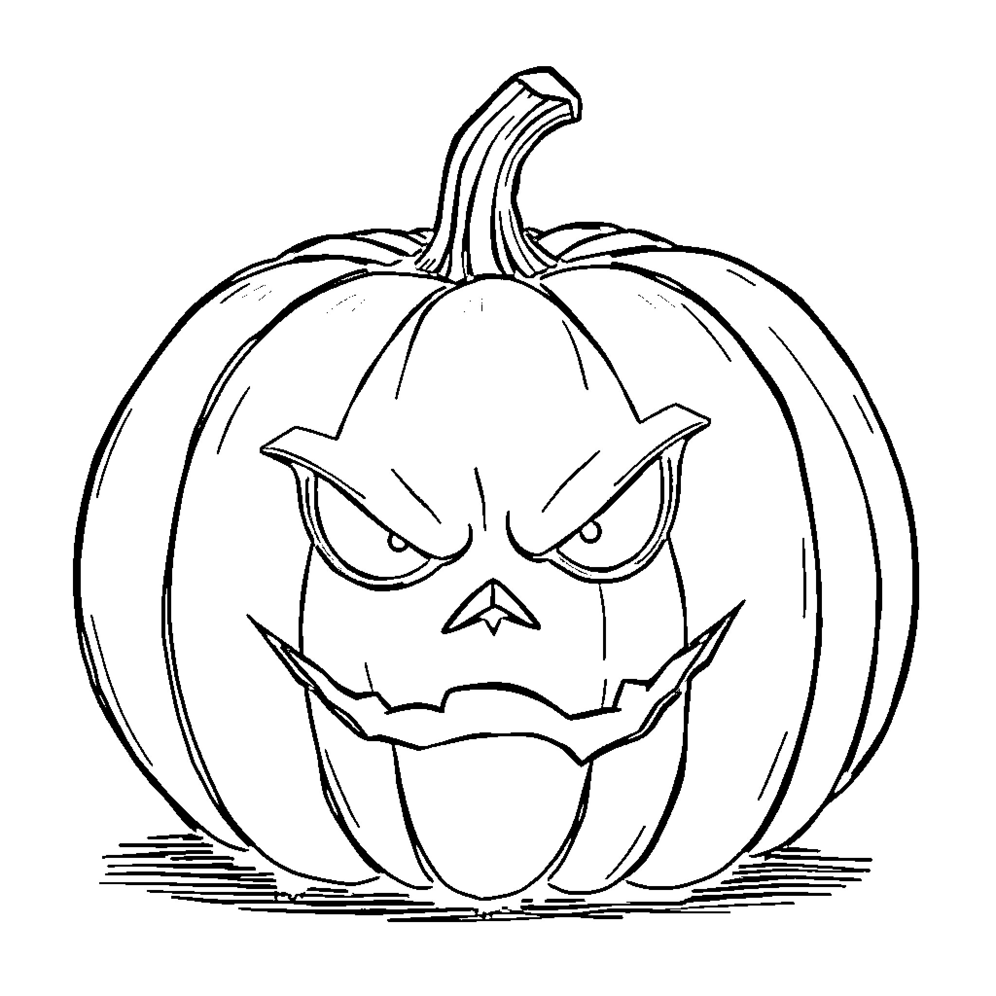 Pumpkin with Spooky Expression Coloring Page (free black-and-white line drawing printable PDF for all, from beginners to advanced learners, including children, teens, adults, and seniors)