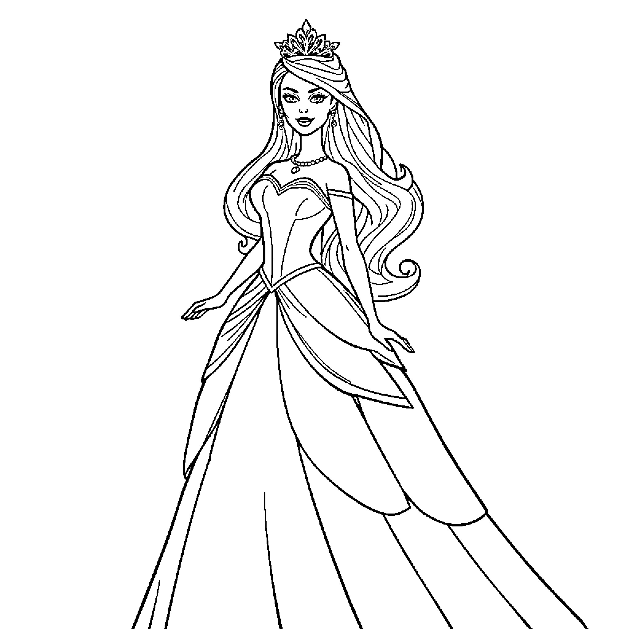 Princess in Elegant Gown and Crown Coloring Page (free black-and-white line drawing printable PDF for all, from beginners to advanced learners, including children, teens, adults, and seniors)